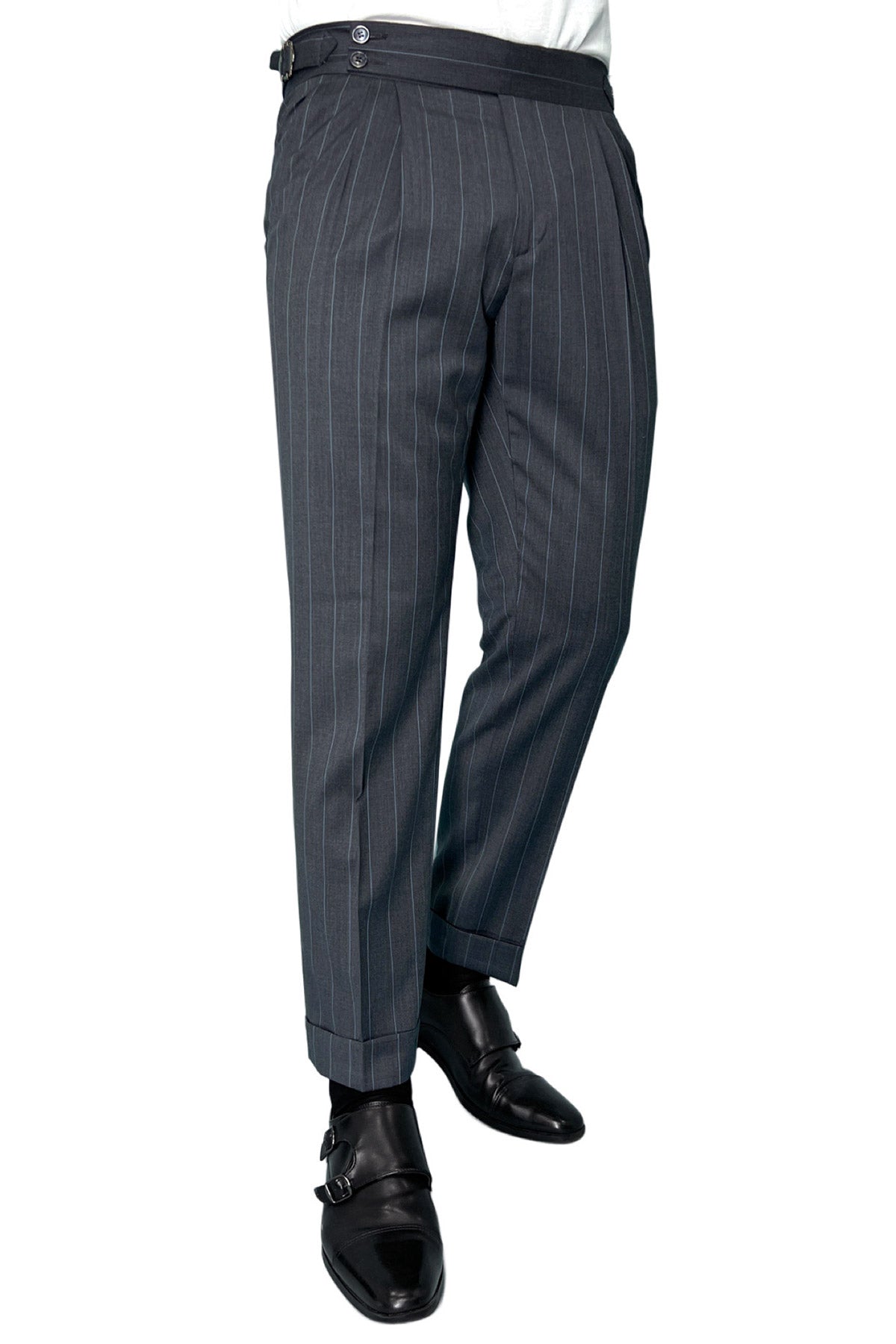 Pantalone uomo grigio gessato celeste vita alta doppia pinces in fresco lana super 130's