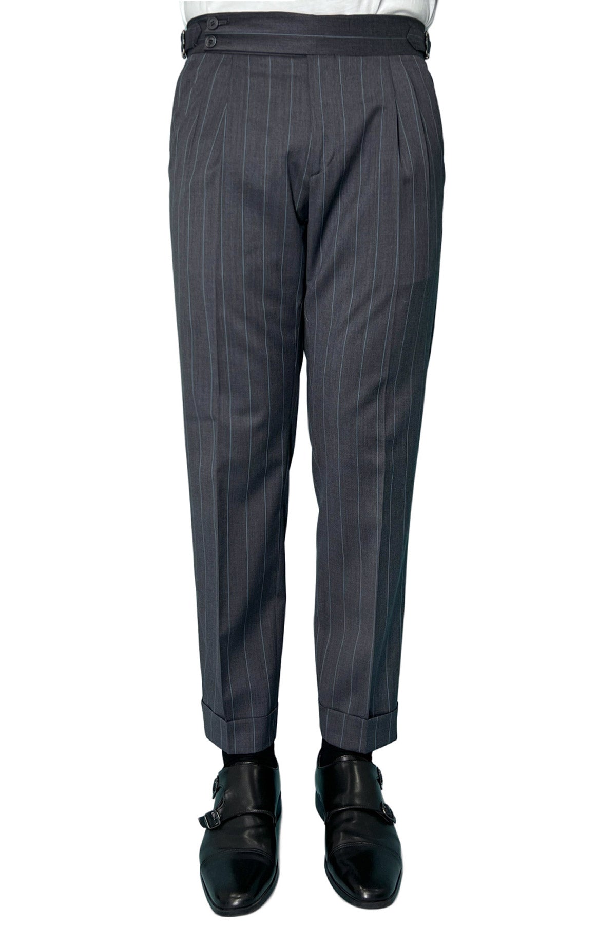 Pantalone uomo grigio gessato celeste vita alta doppia pinces in fresco lana super 130's