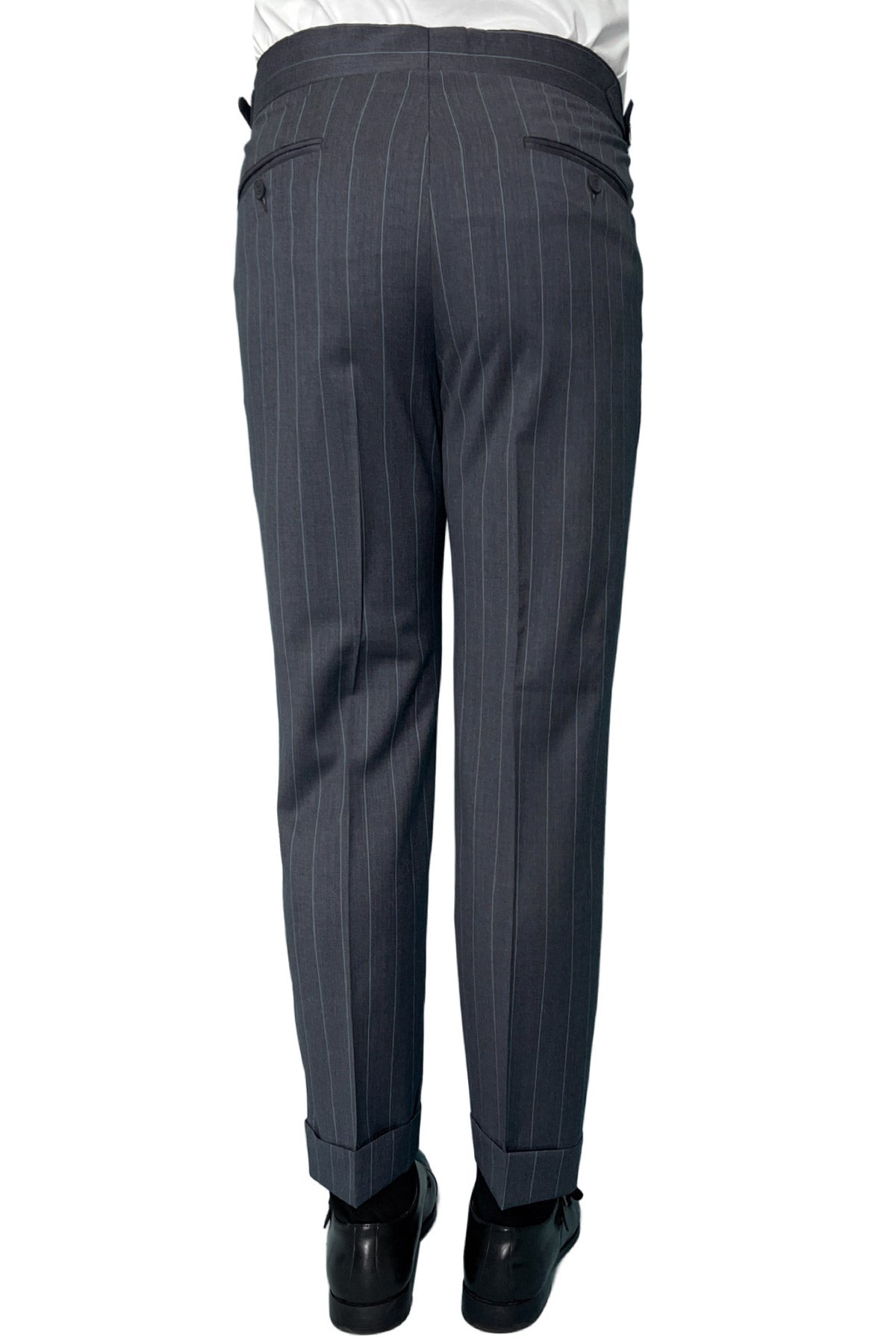 Pantalone uomo grigio gessato celeste vita alta doppia pinces in fresco lana super 130's