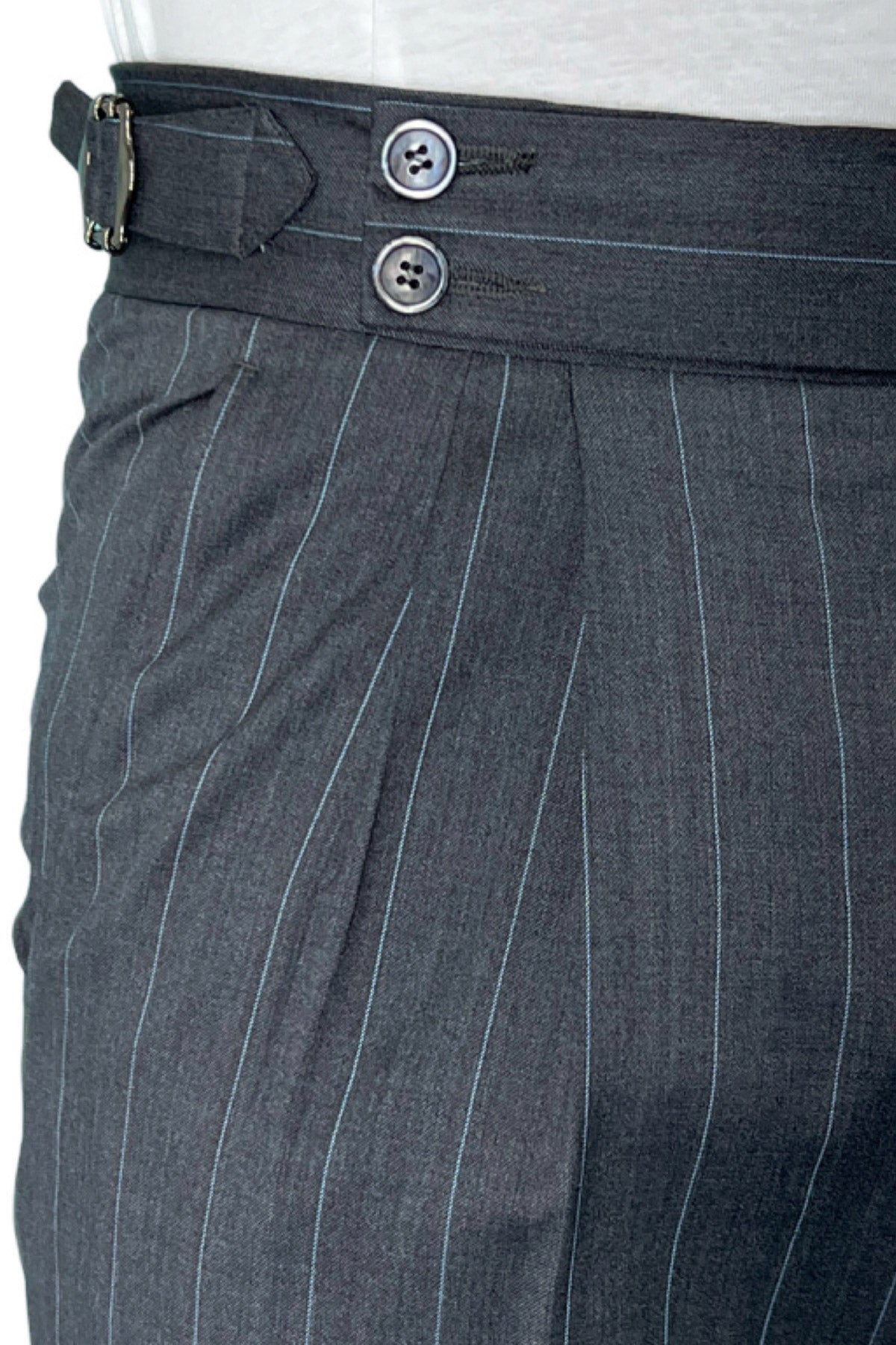 Pantalone uomo grigio gessato celeste vita alta doppia pinces in fresco lana super 130's