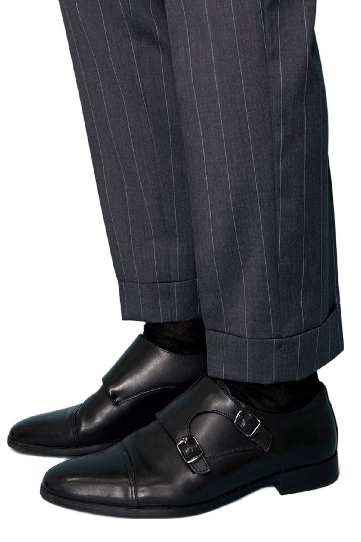 Pantalone uomo grigio gessato celeste vita alta doppia pinces in fresco lana super 130's