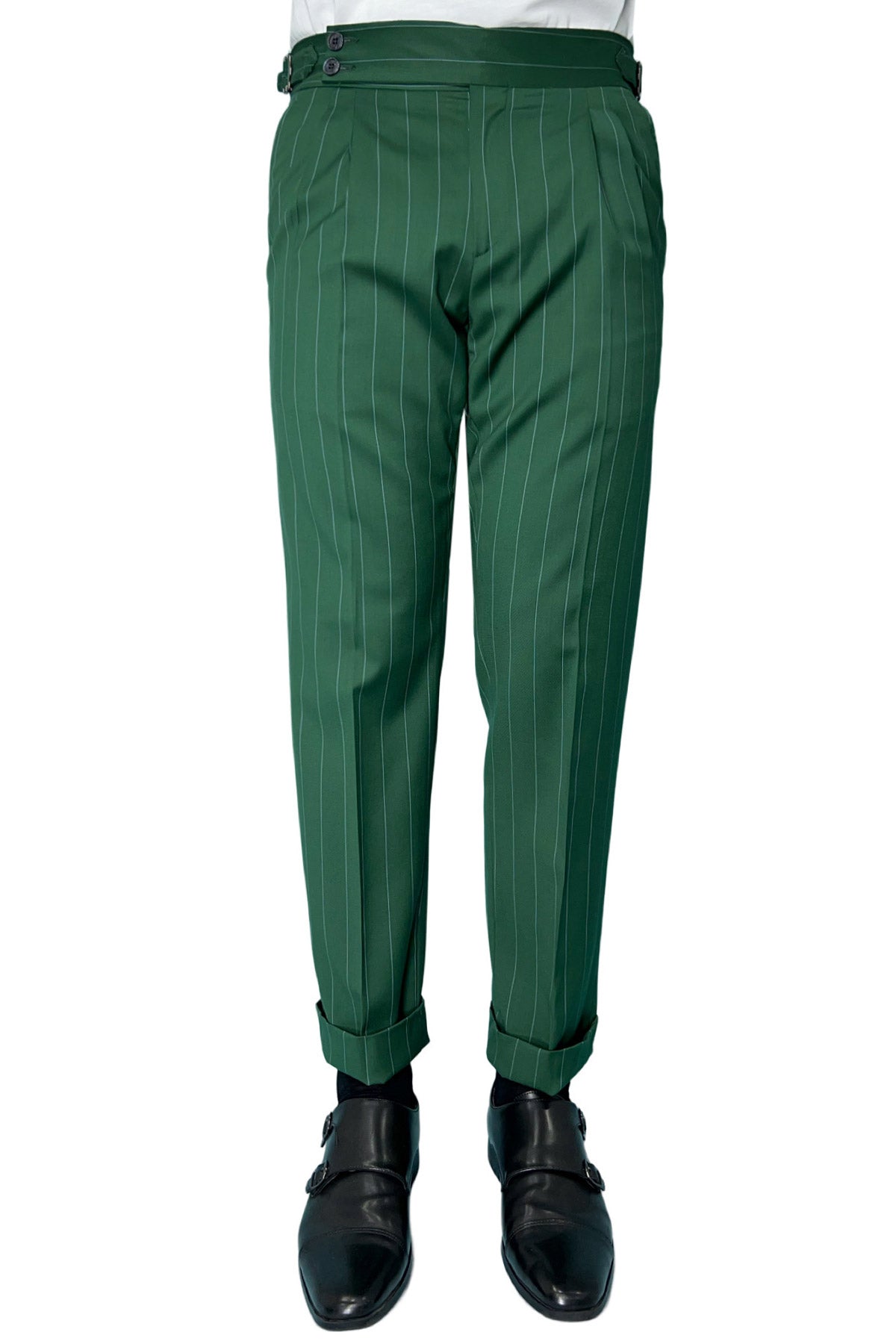 Pantalone uomo verde gessato celeste vita alta doppia pinces in fresco lana super 130's
