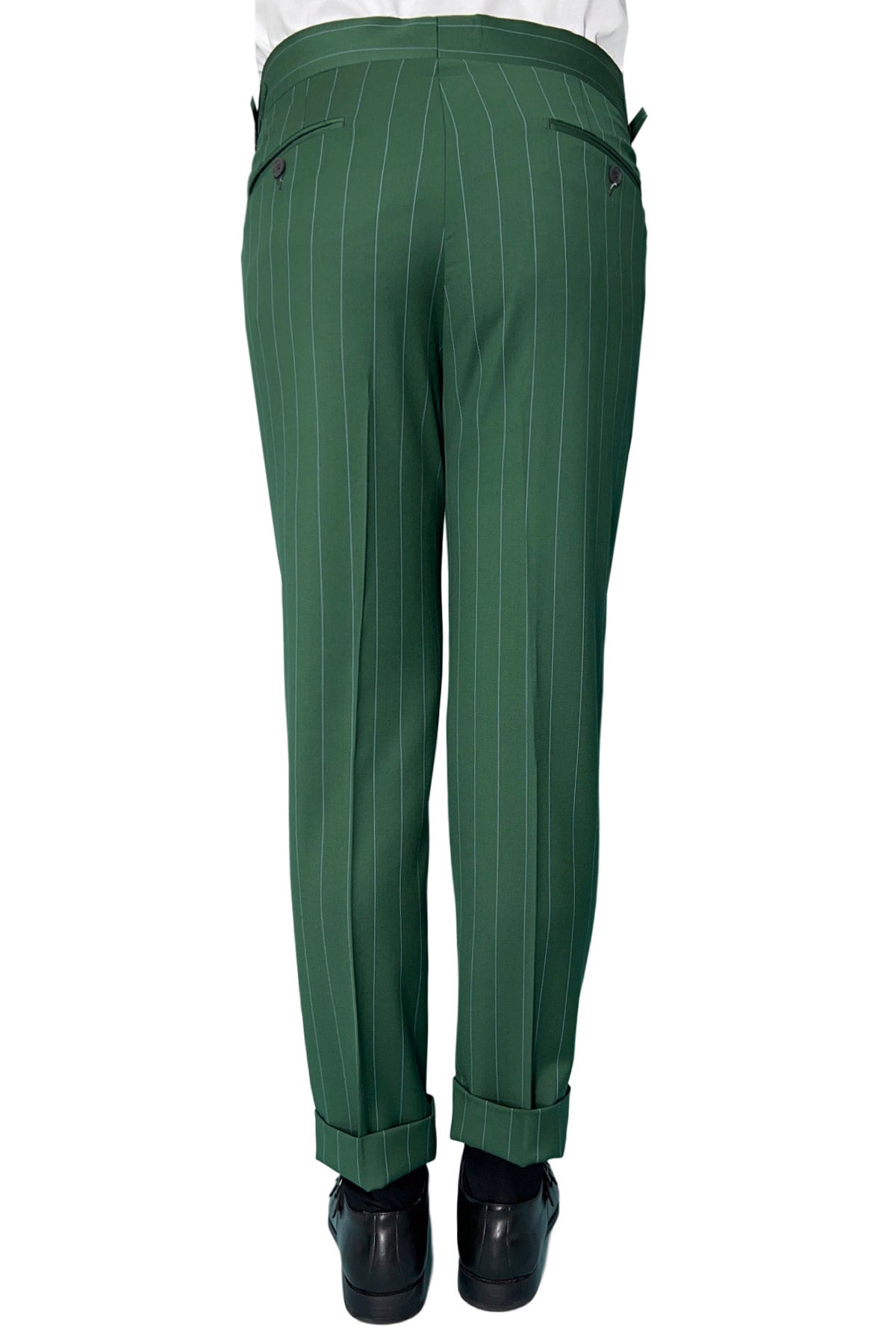 Pantalone uomo verde gessato celeste vita alta doppia pinces in fresco lana super 130's