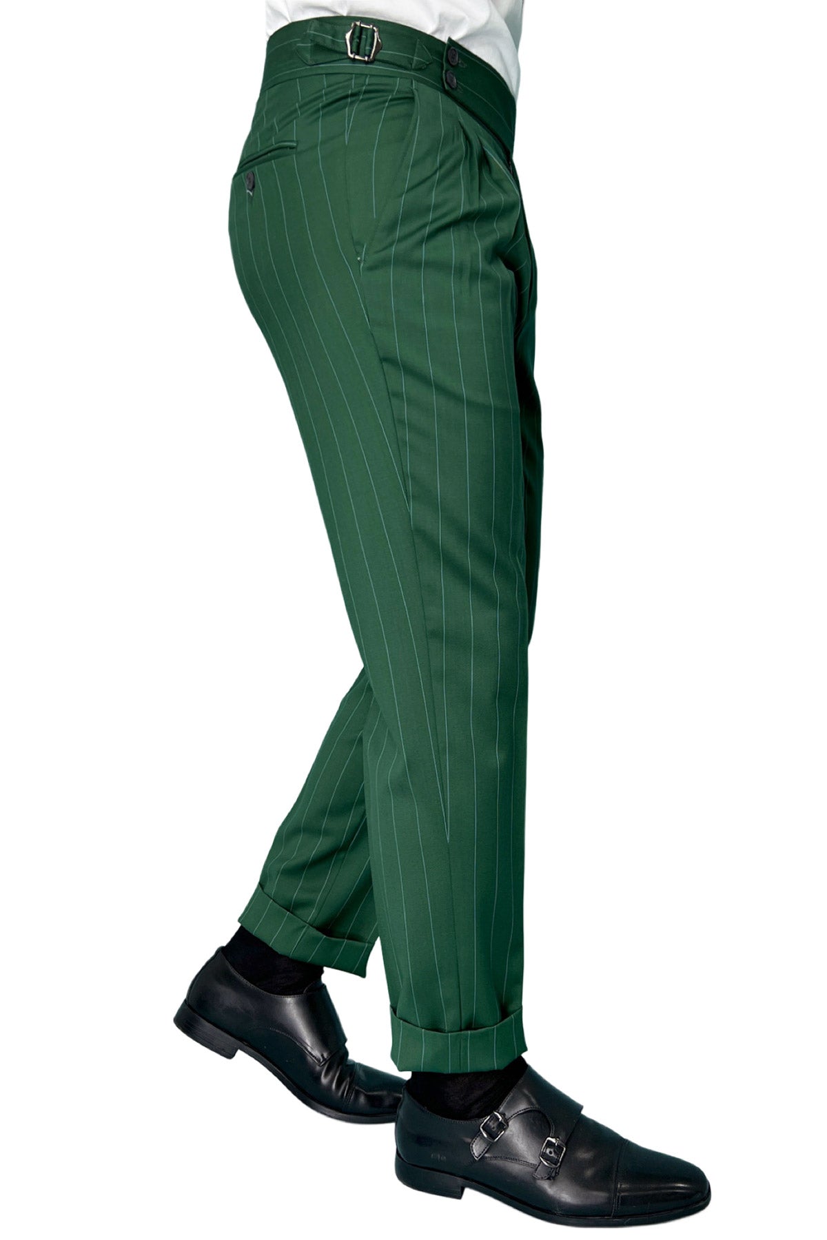 Pantalone uomo verde gessato celeste vita alta doppia pinces in fresco lana super 130's