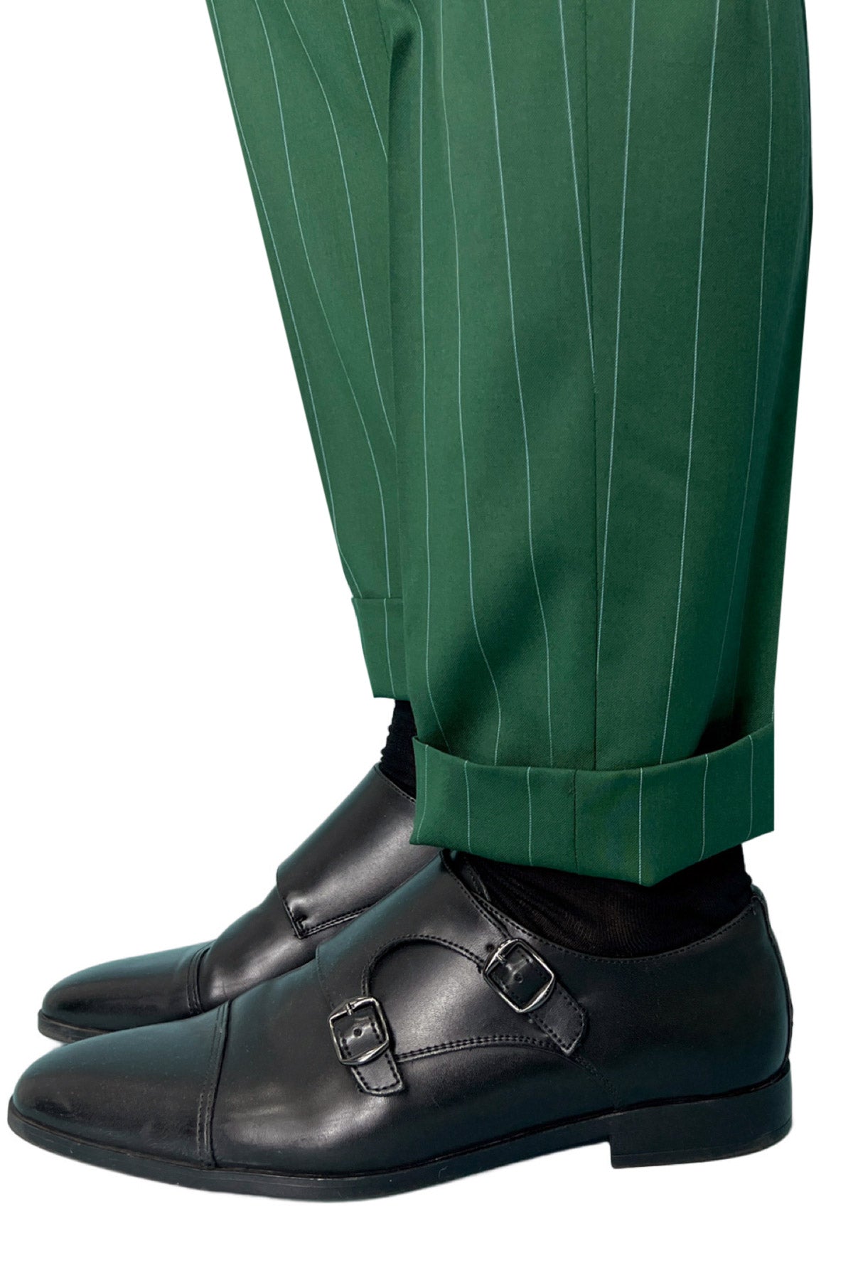 Pantalone uomo verde gessato celeste vita alta doppia pinces in fresco lana super 130's