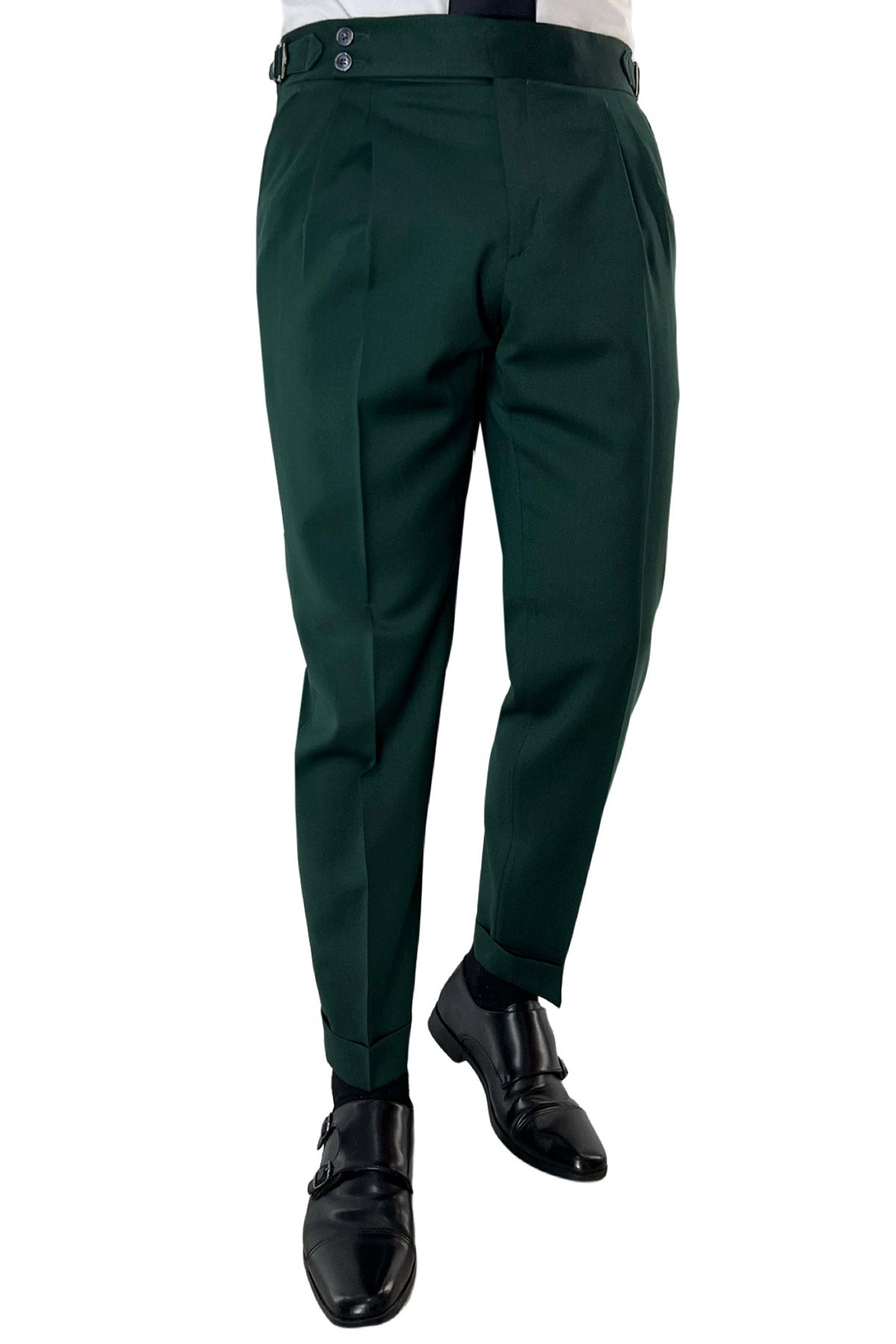 Pantalone uomo verde bottiglia vita alta doppia pinces in fresco lana super 130's