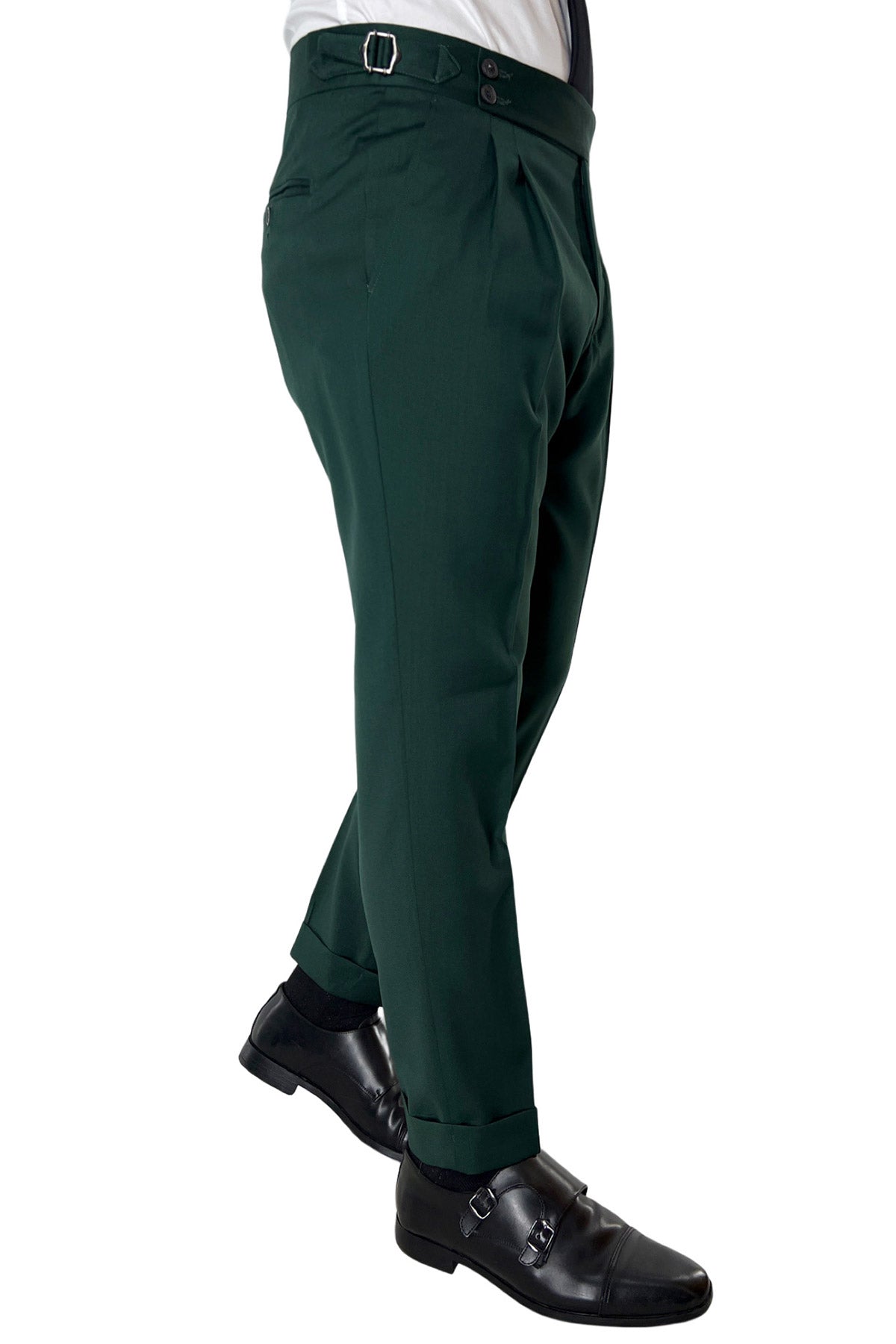 Pantalone uomo verde bottiglia vita alta doppia pinces in fresco lana super 130's