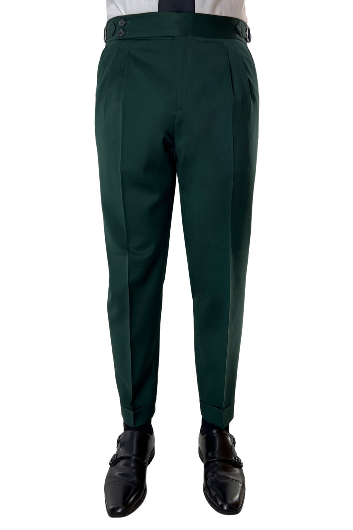 Pantalone uomo verde bottiglia vita alta doppia pinces in fresco lana super 130's