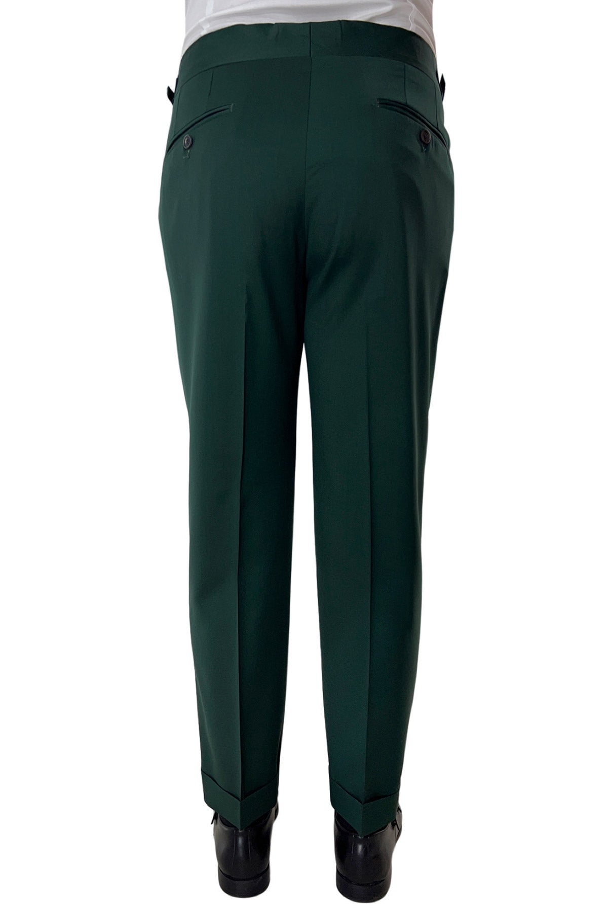 Pantalone uomo verde bottiglia vita alta doppia pinces in fresco lana super 130's