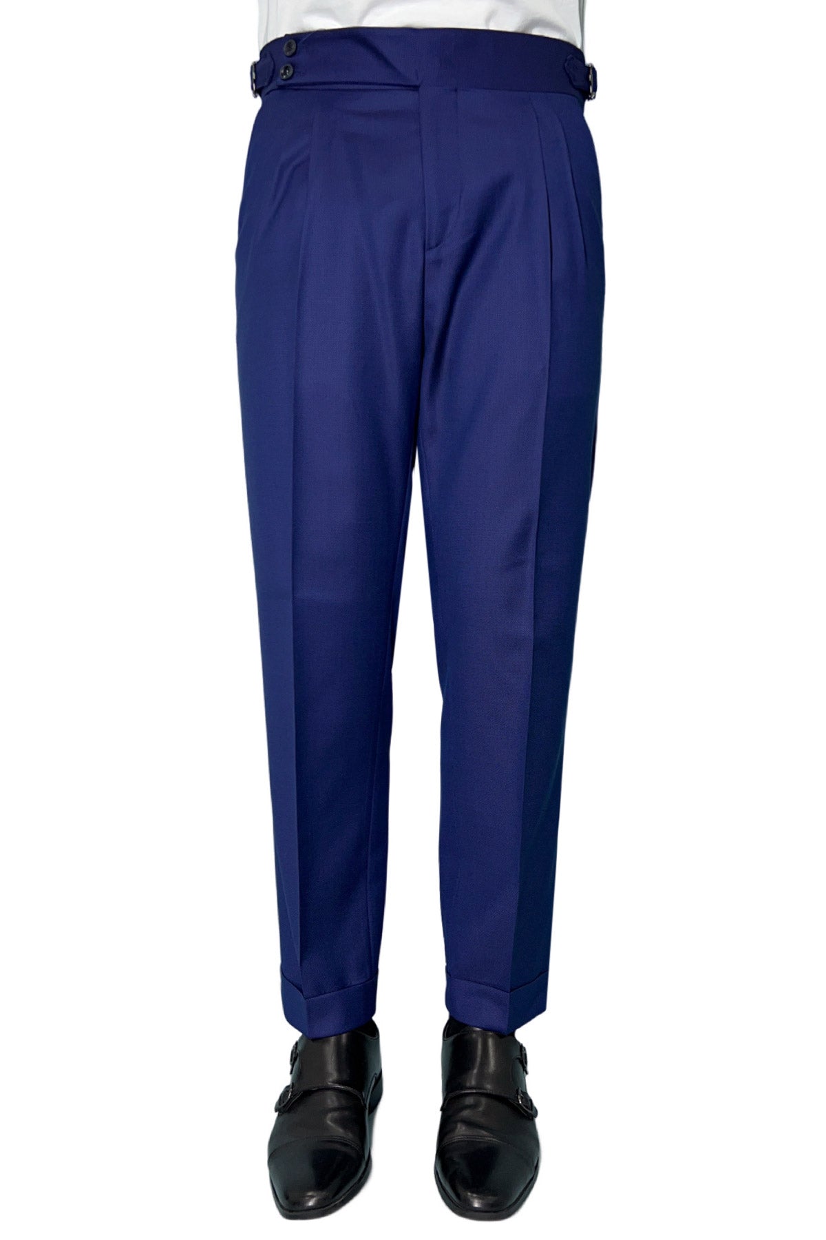 Pantalone uomo blu nido d'ape vita alta doppia pinces in fresco lana super 130's