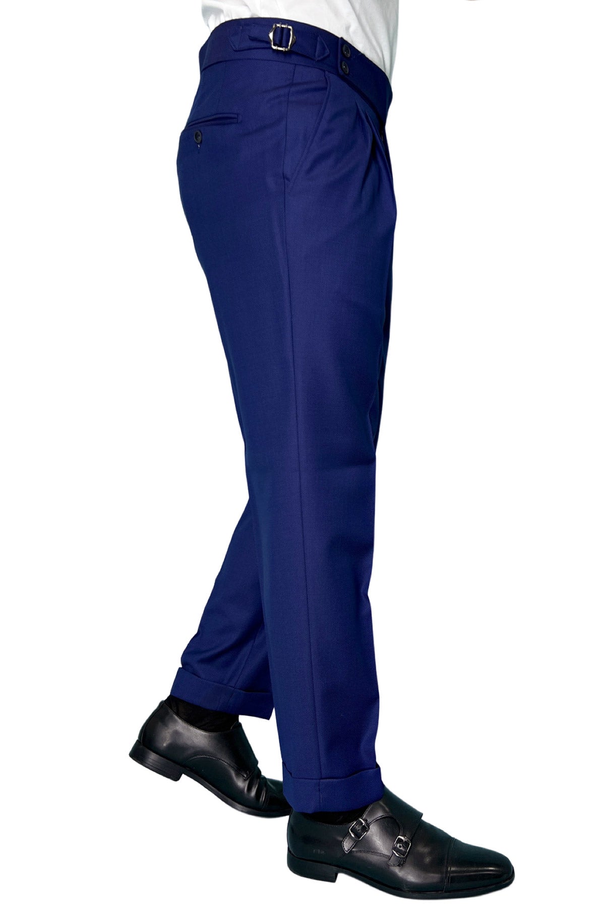 Pantalone uomo blu nido d'ape vita alta doppia pinces in fresco lana super 130's