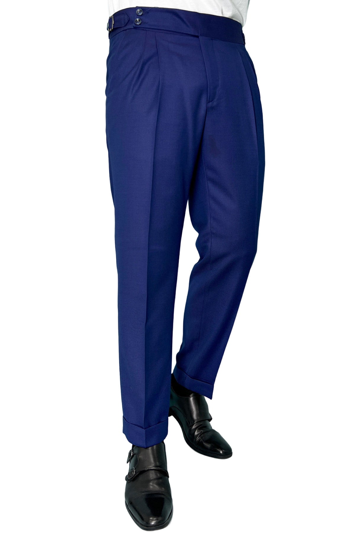 Pantalone uomo blu nido d'ape vita alta doppia pinces in fresco lana super 130's