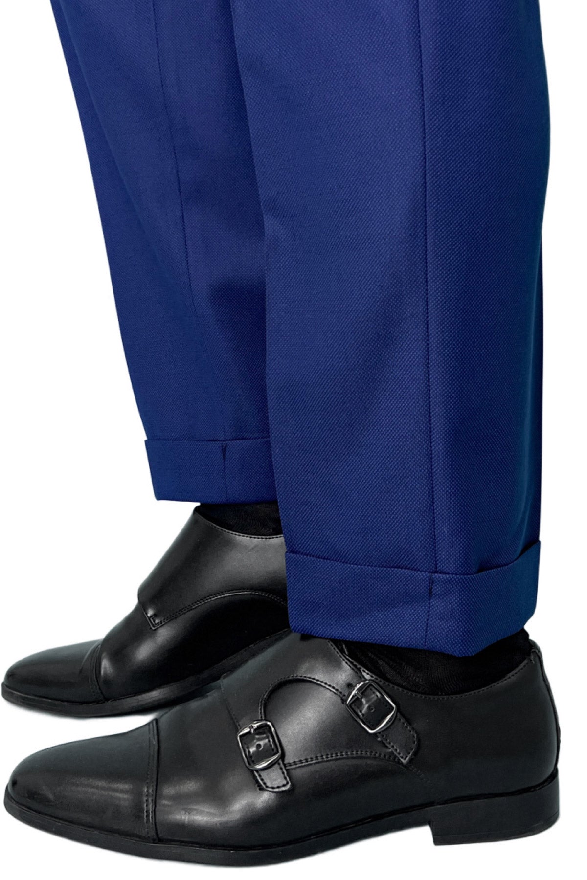 Pantalone uomo blu nido d'ape vita alta doppia pinces in fresco lana super 130's