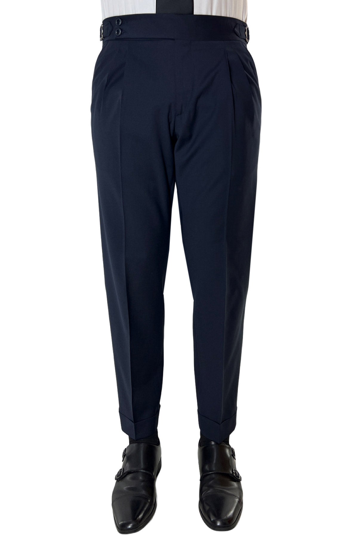 Pantalone uomo Navy blu vita alta doppia pinces in fresco lana misto