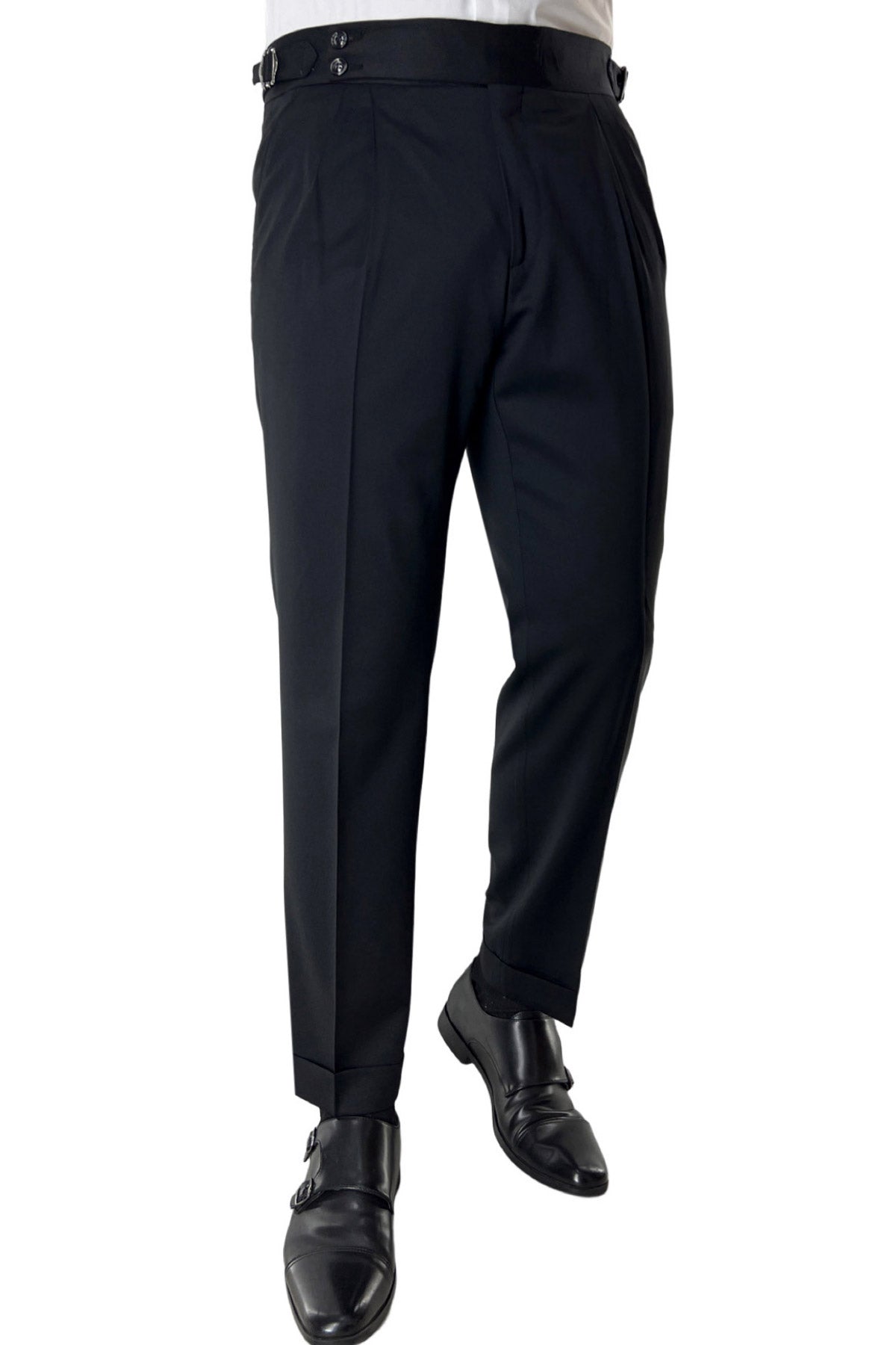 Pantalone uomo nero vita alta doppia pinces in fresco lana misto