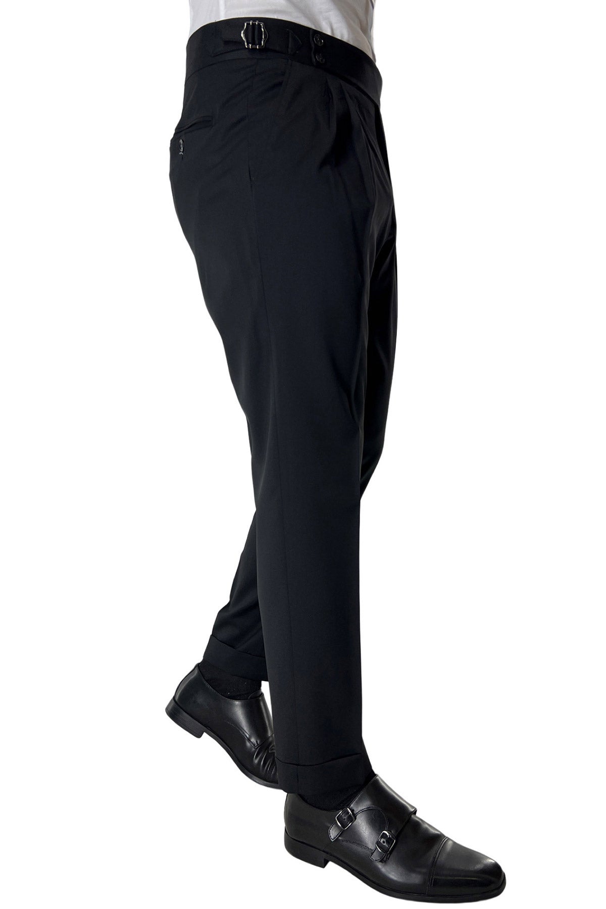 Pantalone uomo nero vita alta doppia pinces in fresco lana misto