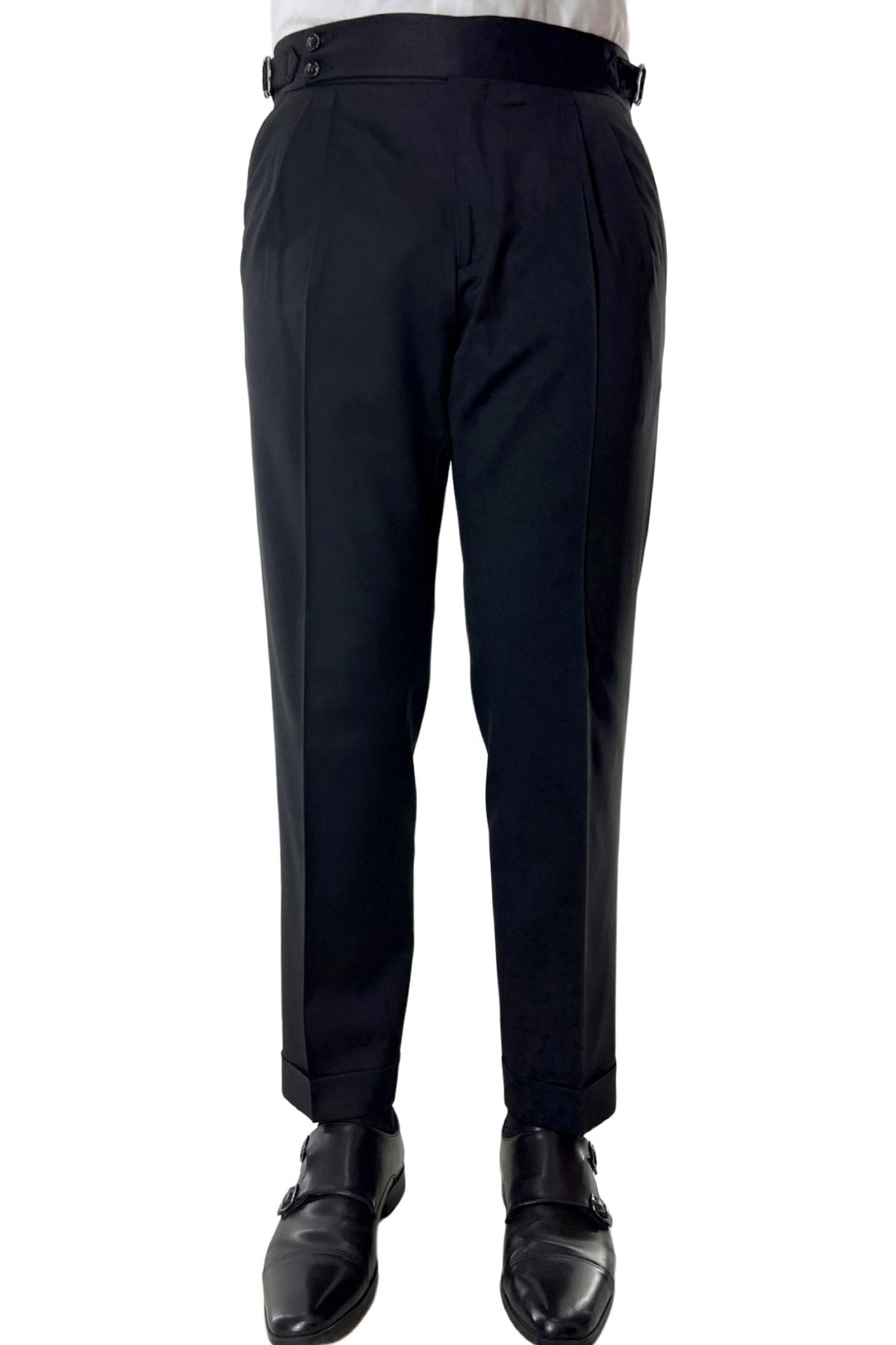 Pantalone uomo nero vita alta doppia pinces in fresco lana misto