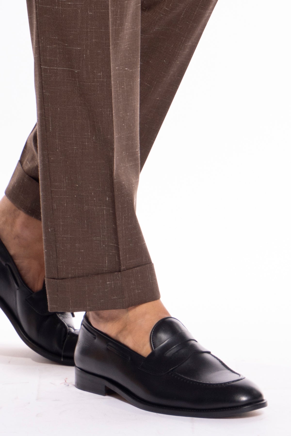 Pantalone uomo marrone fantasia pied de poule vita alta doppia pinces in fresco lana misto