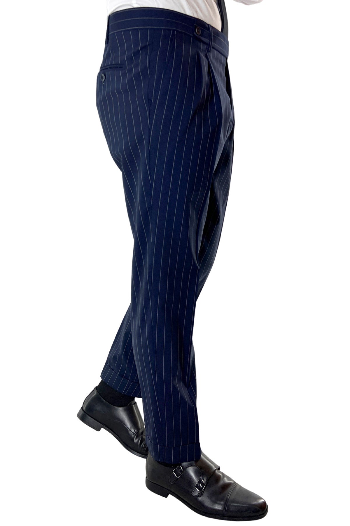 Pantalone uomo navy blu gessato bianco chiusura prolungata doppia pinces in fresco lana Holland & Sherry