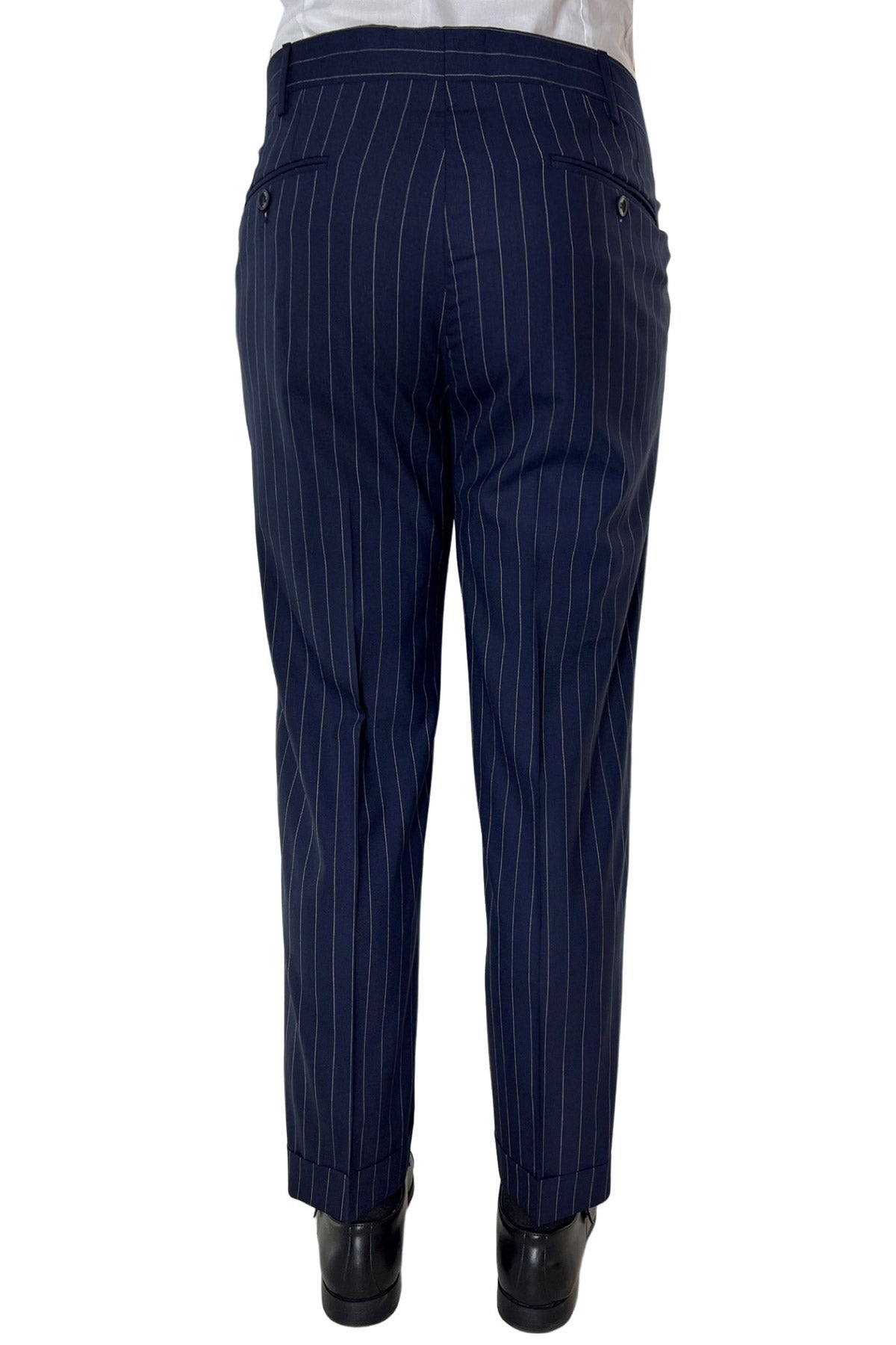 Pantalone uomo navy blu gessato bianco chiusura prolungata doppia pinces in fresco lana Holland & Sherry