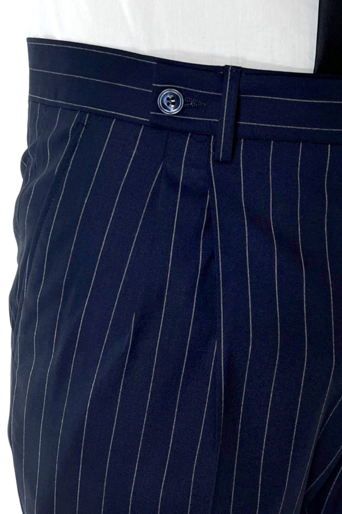 Pantalone uomo navy blu gessato bianco chiusura prolungata doppia pinces in fresco lana Holland & Sherry