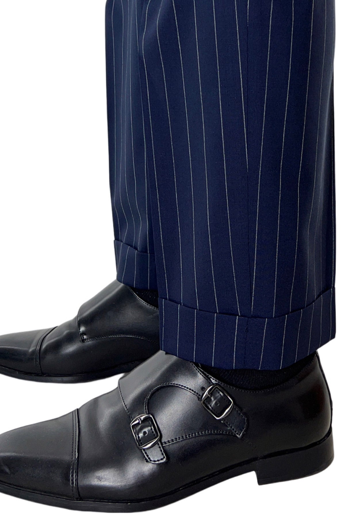 Pantalone uomo navy blu gessato bianco chiusura prolungata doppia pinces in fresco lana Holland & Sherry