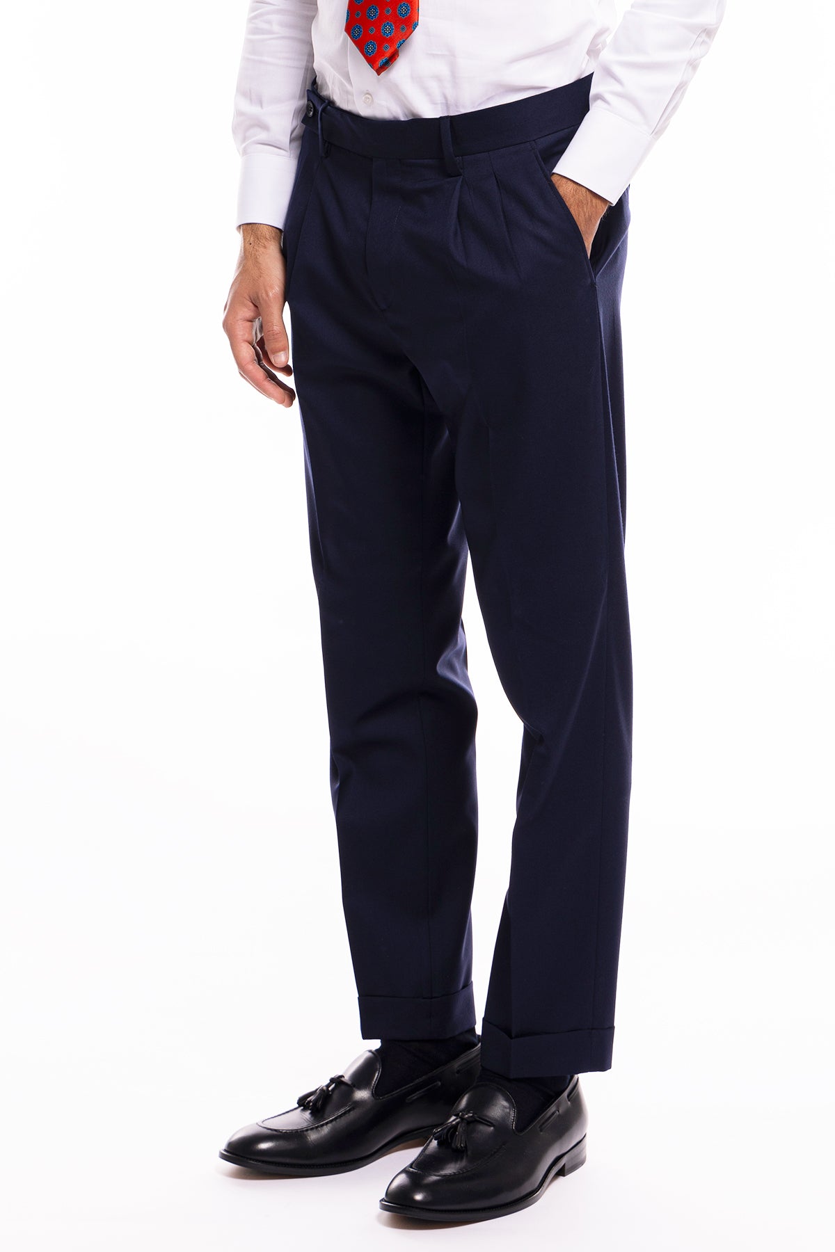 Pantalone uomo navy blu chiusura prolungata doppia pinces in fresco lana super 140's Holland & Sherry