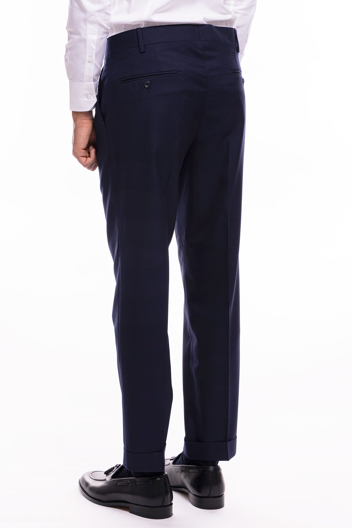 Pantalone uomo navy blu chiusura prolungata doppia pinces in fresco lana super 140's Holland & Sherry