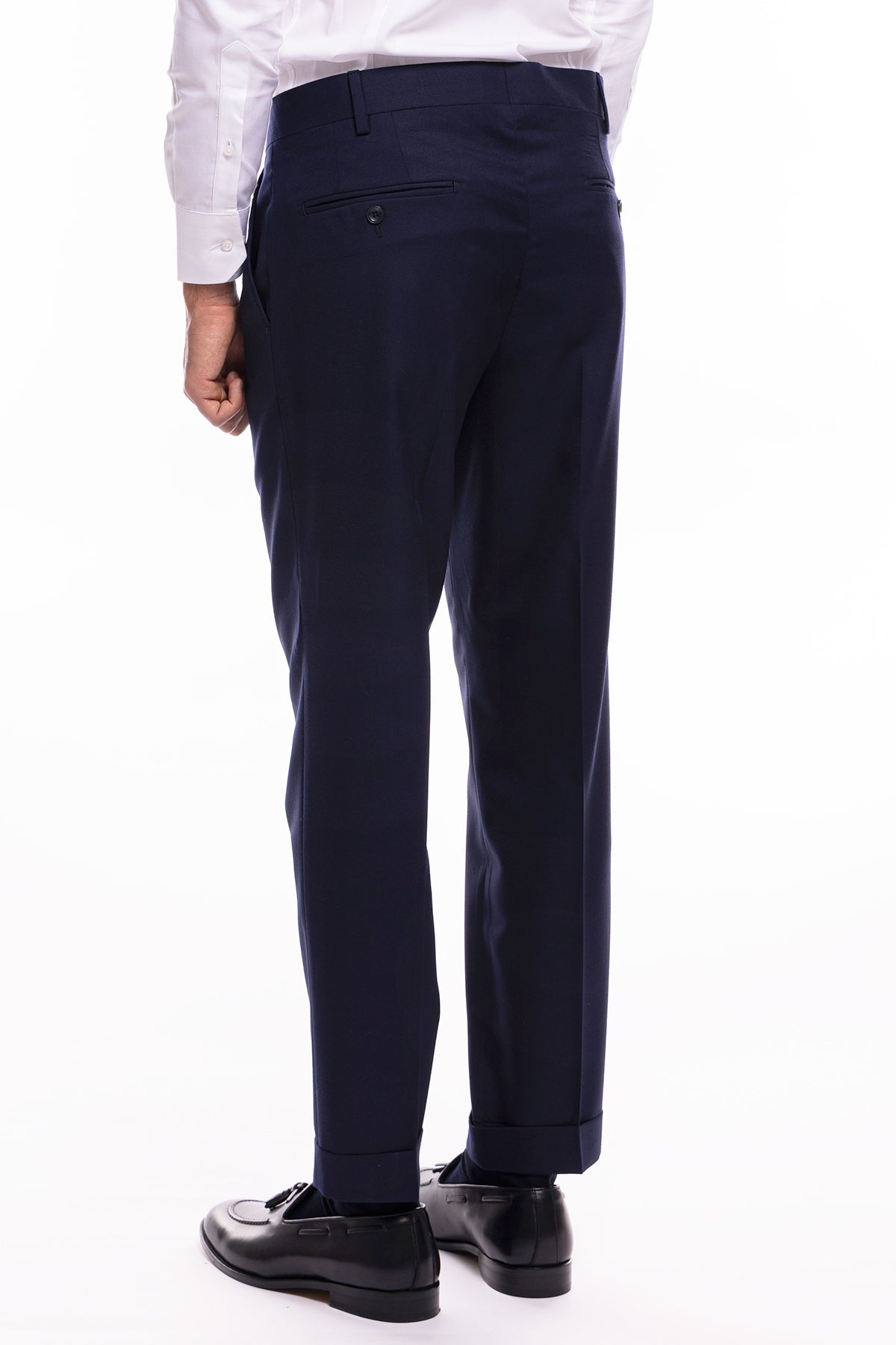 Pantalone uomo navy blu chiusura prolungata doppia pinces in fresco lana super 140's Holland & Sherry
