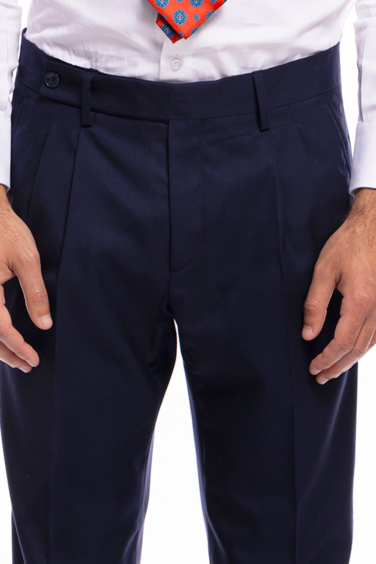Pantalone uomo navy blu chiusura prolungata doppia pinces in fresco lana super 140's Holland & Sherry