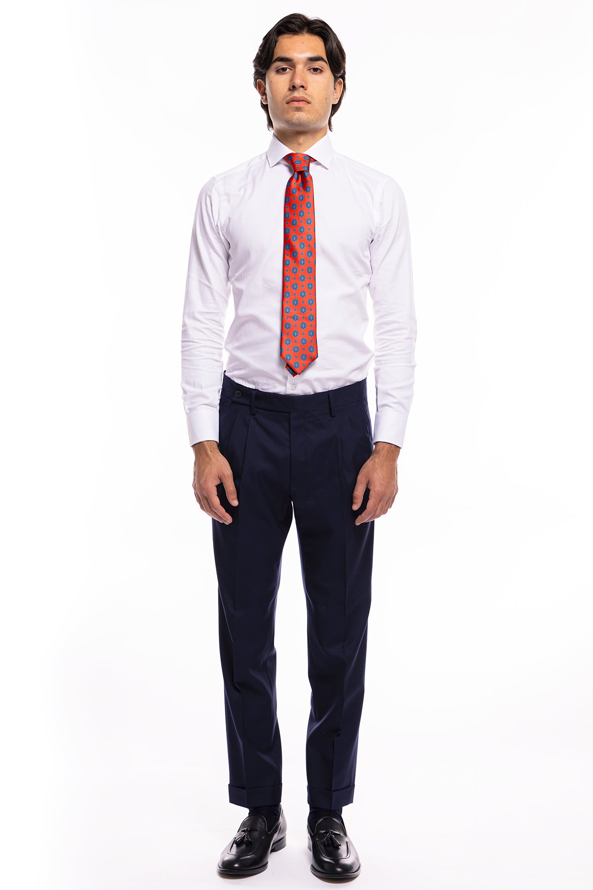 Pantalone uomo navy blu chiusura prolungata doppia pinces in fresco lana super 140's Holland & Sherry