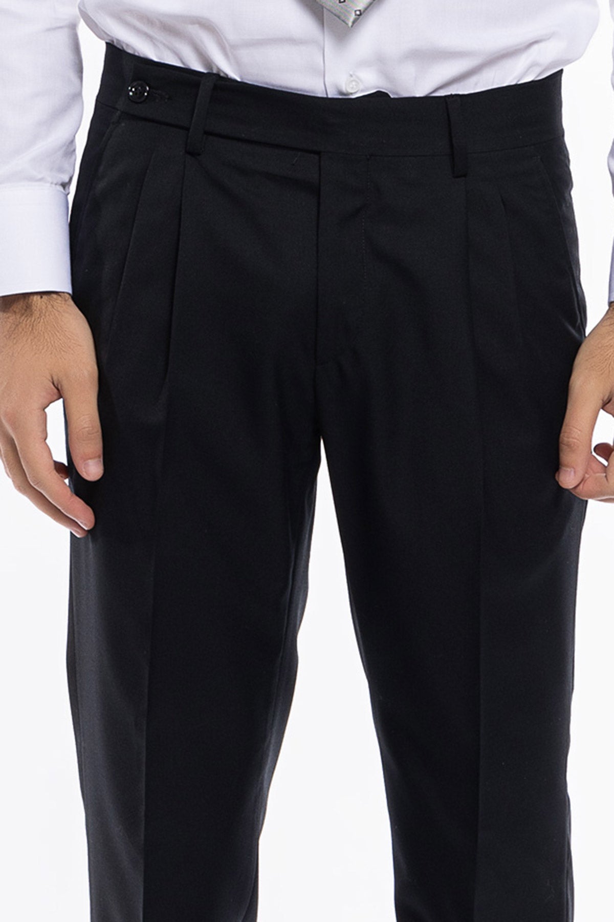 Pantalone uomo nero chiusura prolungata doppia pinces in fresco lana super 140's Holland & Sherry