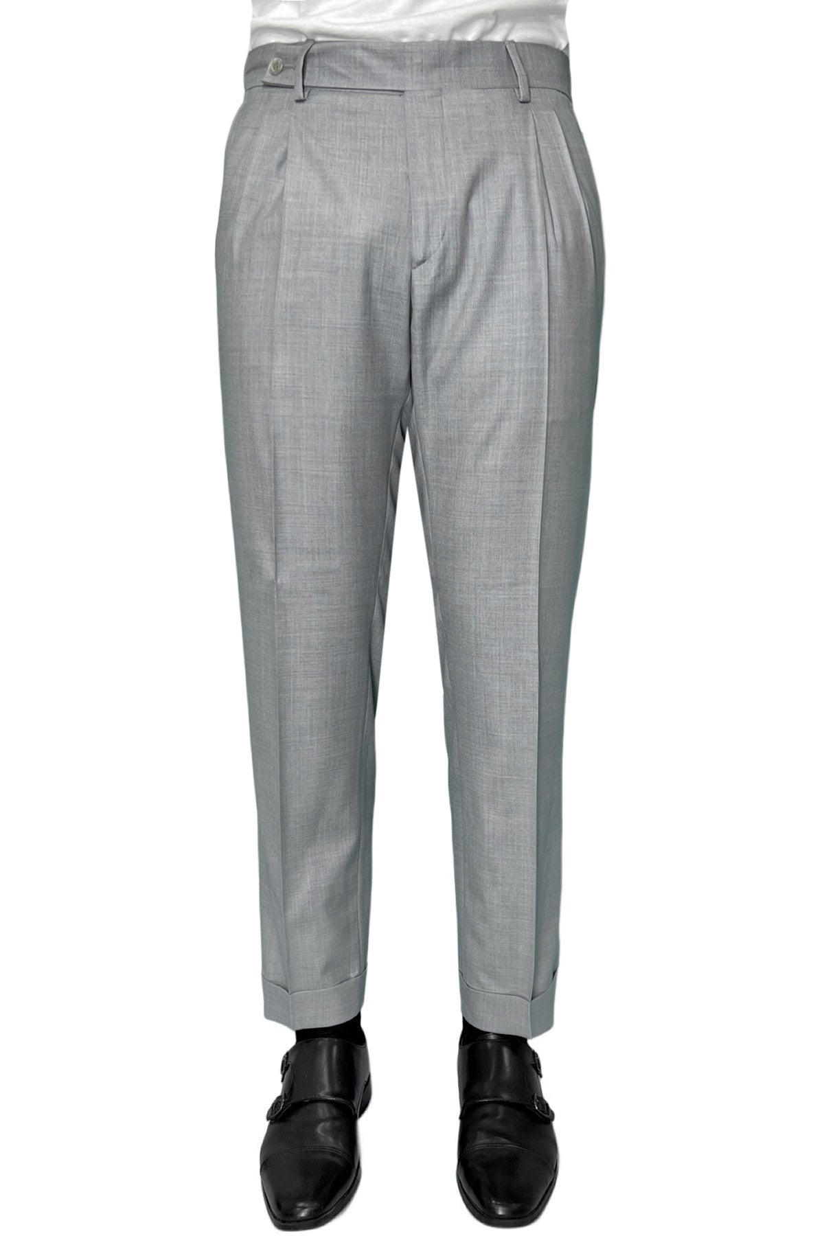 Pantalone uomo grigio chiaro chiusura prolungata doppia pinces in fresco lana super 140's Holland & Sherry