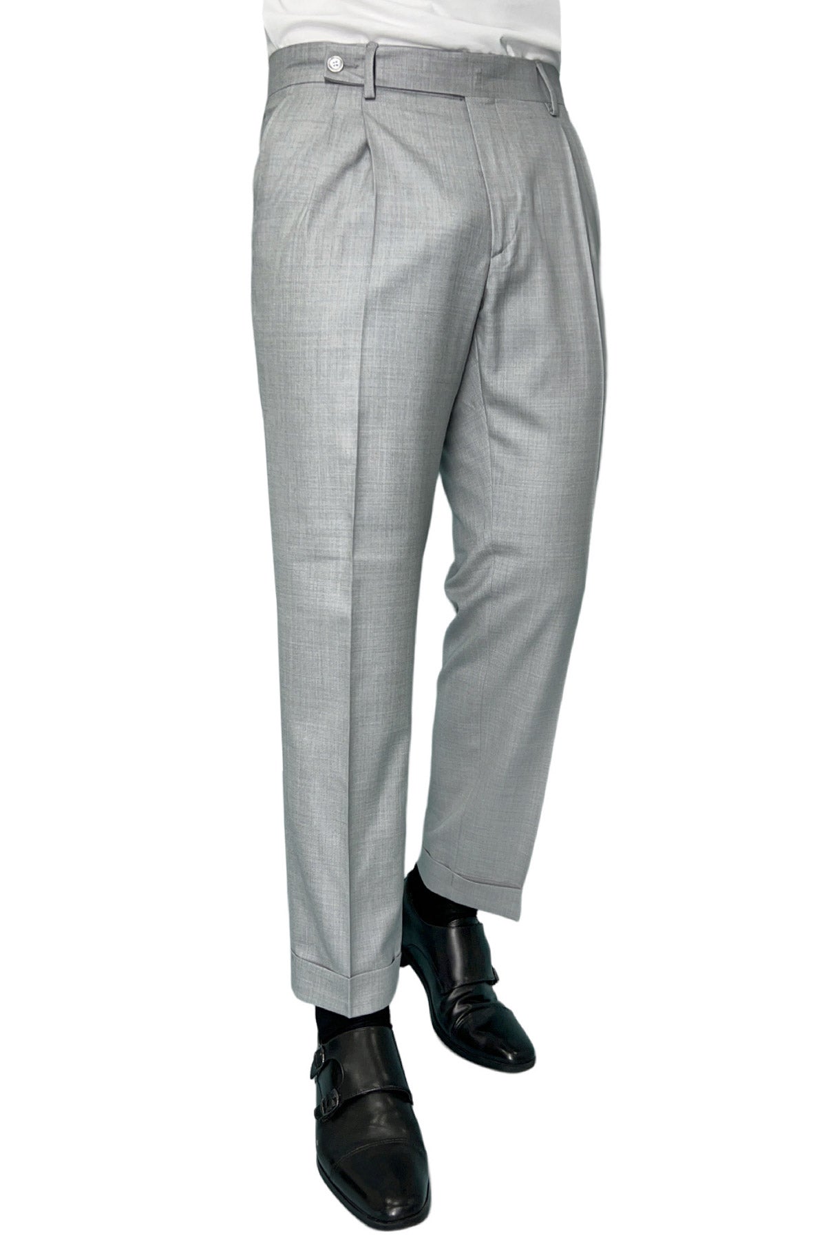 Pantalone uomo grigio chiaro chiusura prolungata doppia pinces in fresco lana super 140's Holland & Sherry