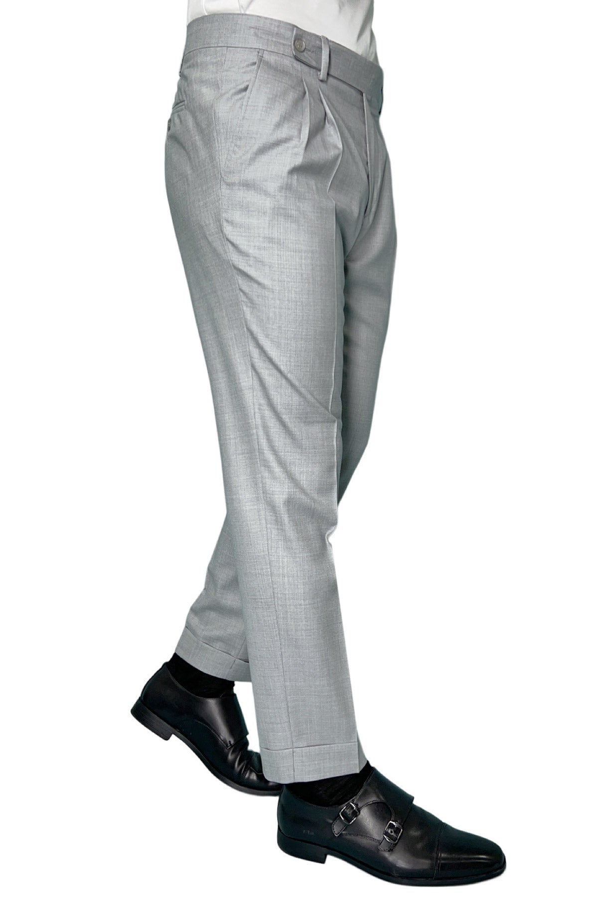 Pantalone uomo grigio chiaro chiusura prolungata doppia pinces in fresco lana super 140's Holland & Sherry