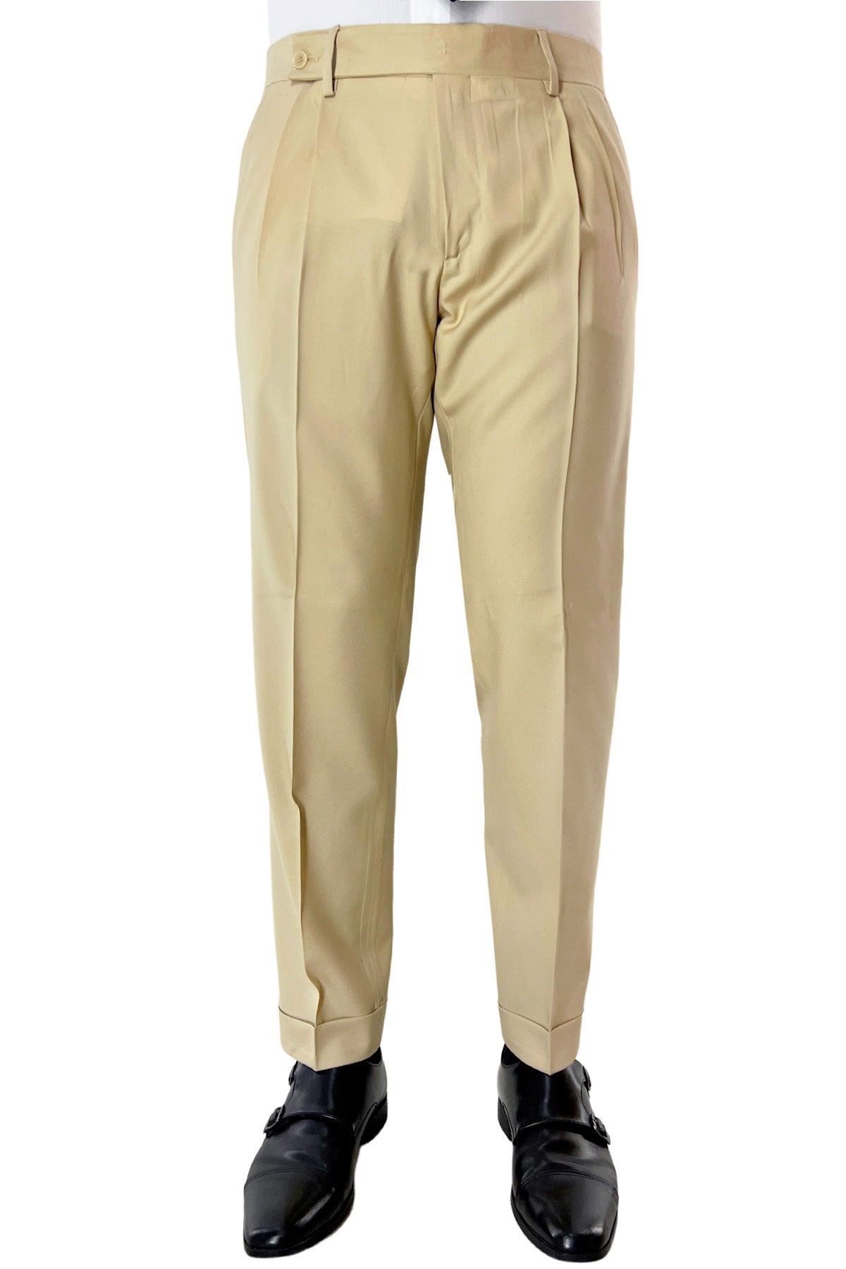 Pantalone uomo beige chiusura prolungata doppia pinces in fresco lana super 140's Holland & Sherry