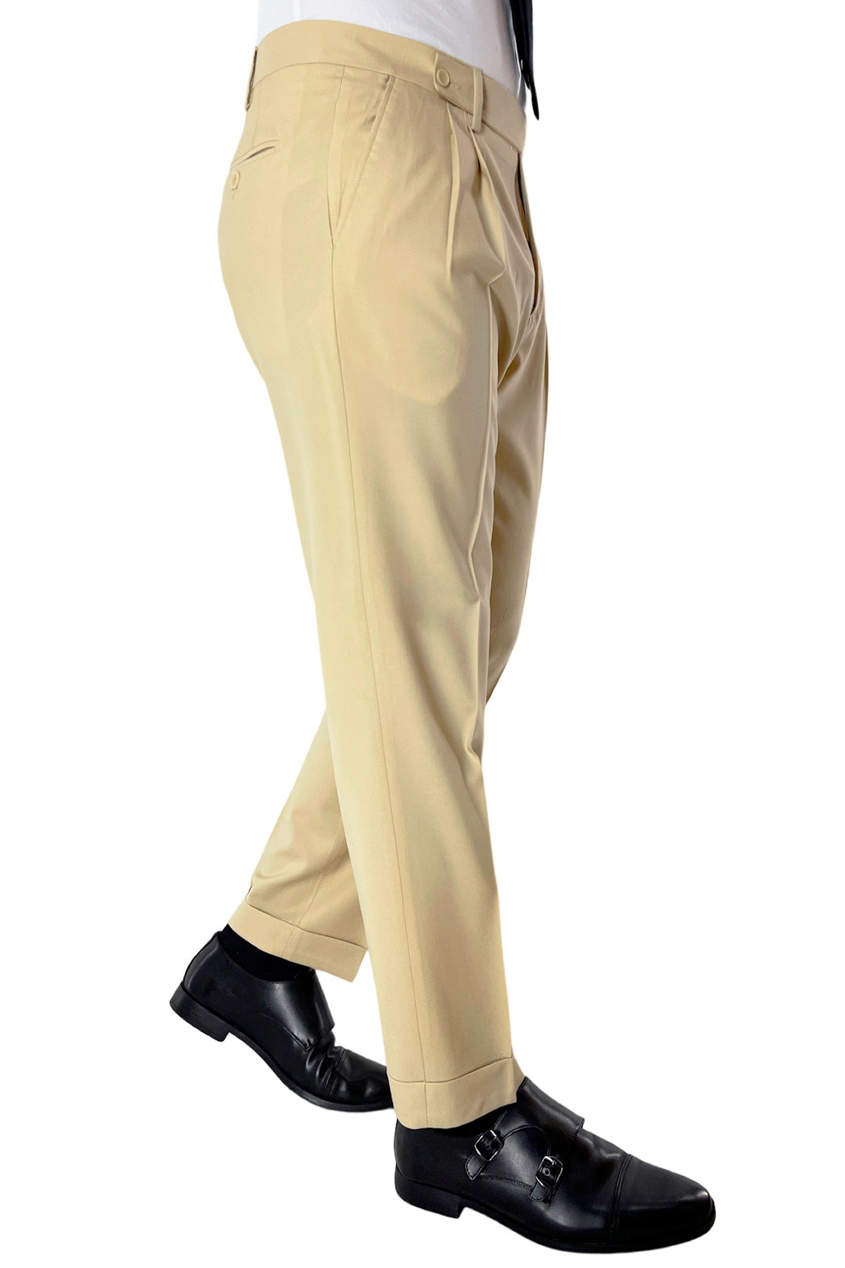 Pantalone uomo beige chiusura prolungata doppia pinces in fresco lana super 140's Holland & Sherry