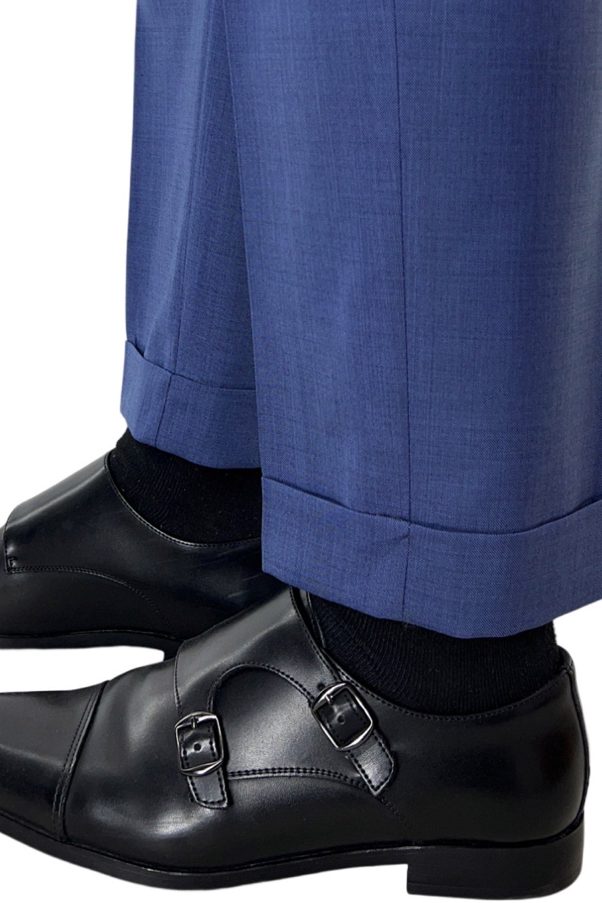 Pantalone uomo color denim chiusura prolungata doppia pinces in fresco lana super 140's Holland & Sherry