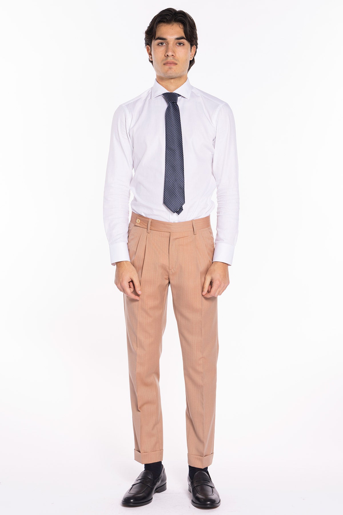 Pantalone uomo pesca chiusura prolungata doppia pinces in fresco lana super 100's e seta Solaro Holland & Sherry