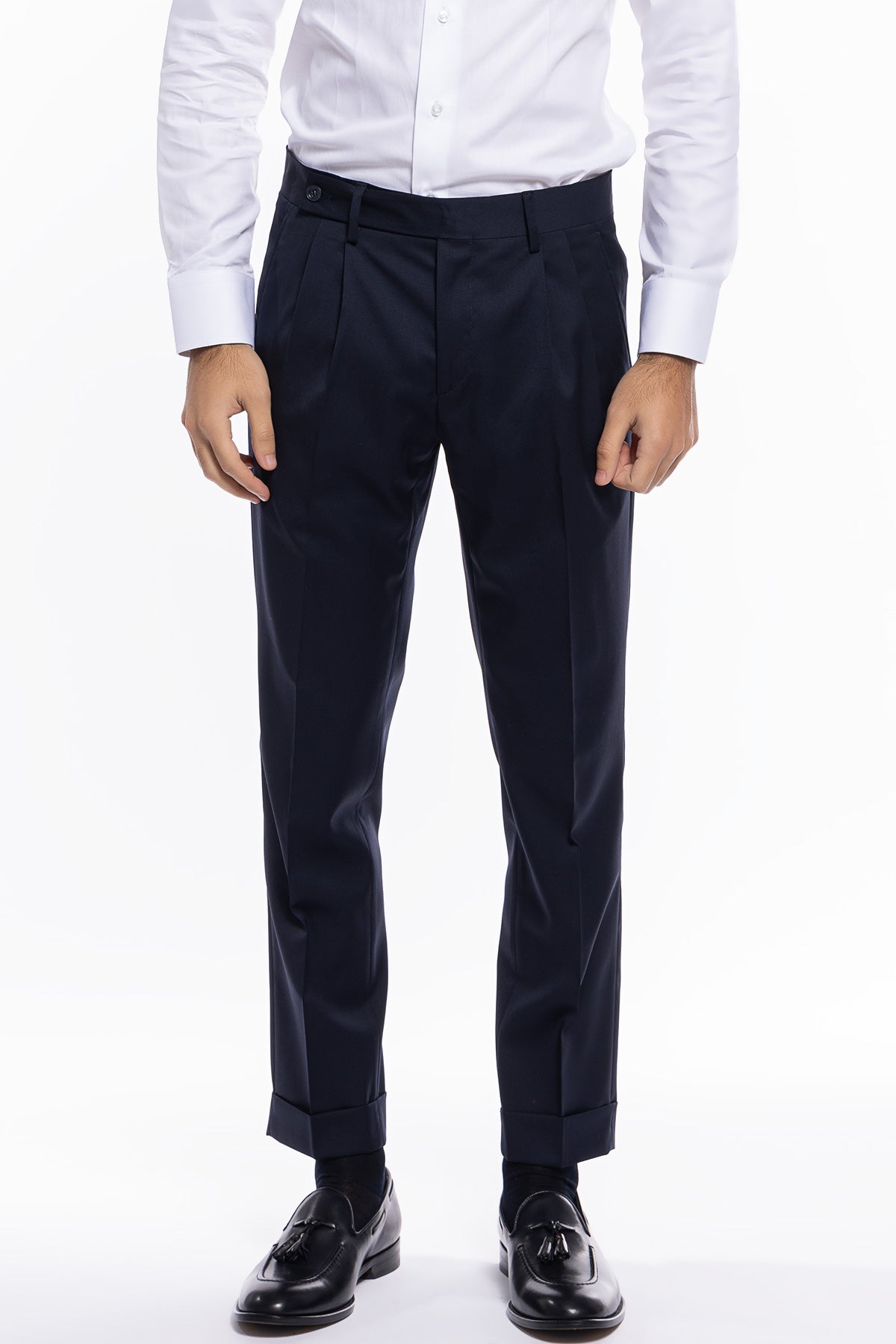 Pantalone uomo navy blu chiusura prolungata doppia pinces in fresco lana super 130's Vitale Barberis Canonico