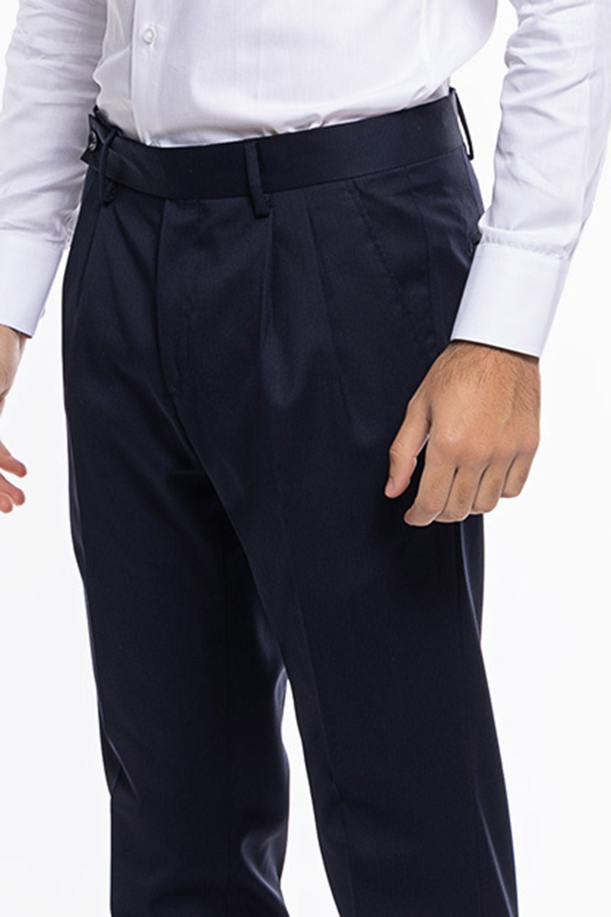 Pantalone uomo navy blu chiusura prolungata doppia pinces in fresco lana super 130's Vitale Barberis Canonico