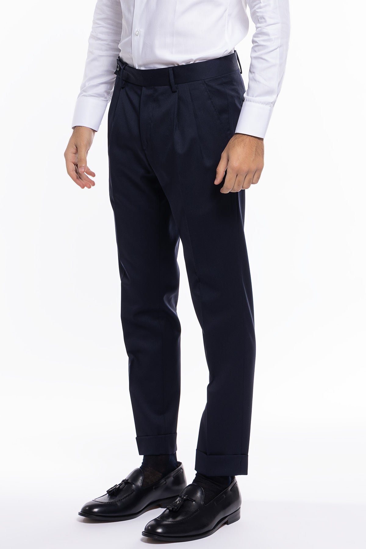 Pantalone uomo navy blu chiusura prolungata doppia pinces in fresco lana super 130's Vitale Barberis Canonico