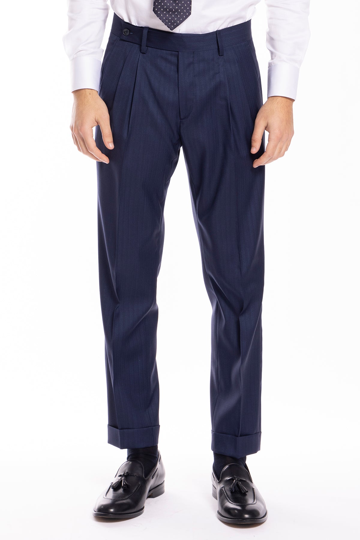 Pantalone uomo royal blu chiusura prolungata doppia pinces in fresco lana e seta Solaro Vitale Barberis Canonico
