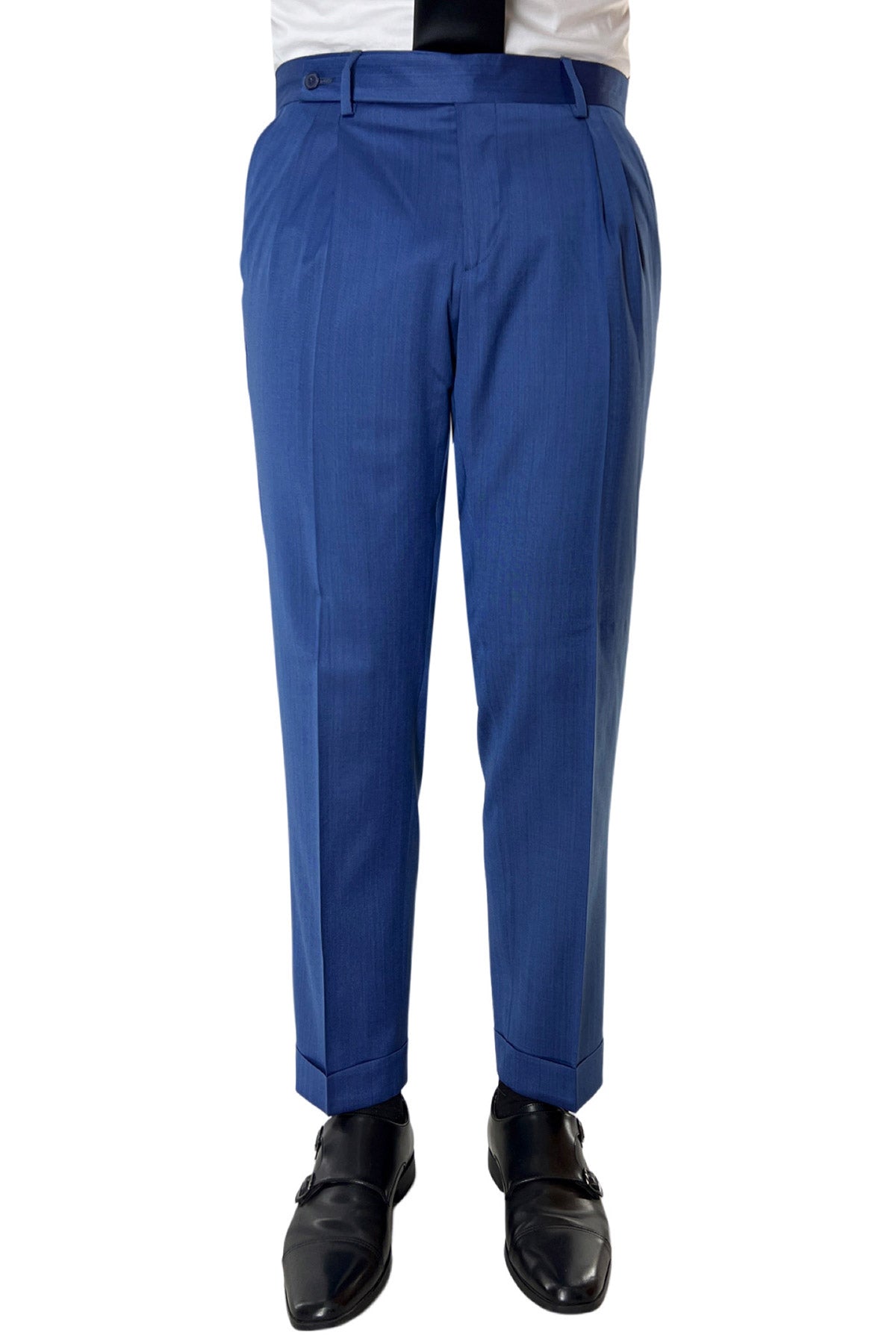 Pantalone uomo Azzurro chiusura prolungata doppia pinces in fresco lana e seta Solaro Vitale Barberis Canonico