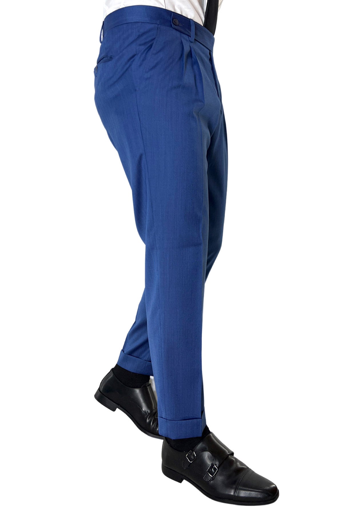 Pantalone uomo Azzurro chiusura prolungata doppia pinces in fresco lana e seta Solaro Vitale Barberis Canonico