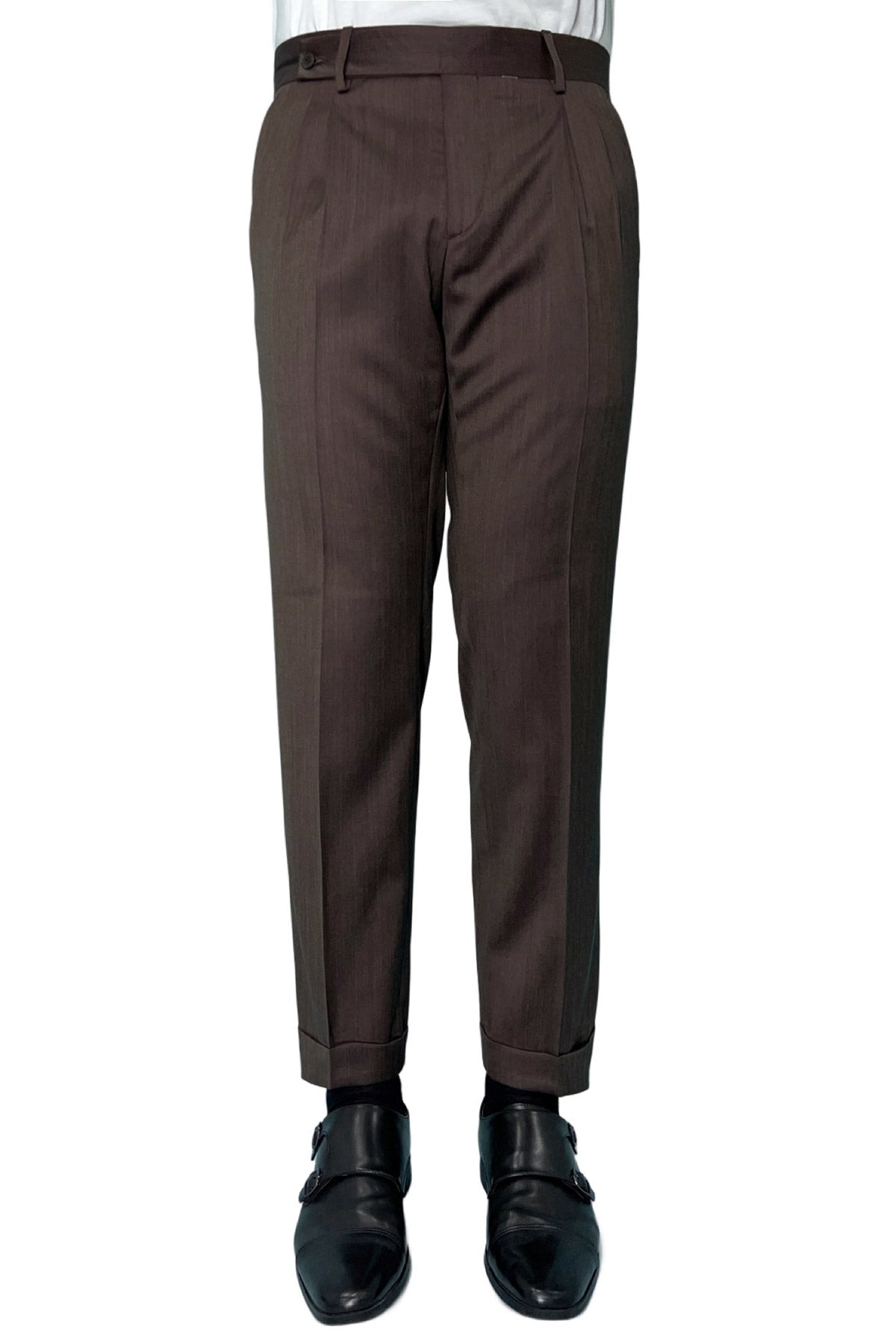 Pantalone uomo Marrone chiusura prolungata doppia pinces in fresco lana e seta Solaro Vitale Barberis Canonico
