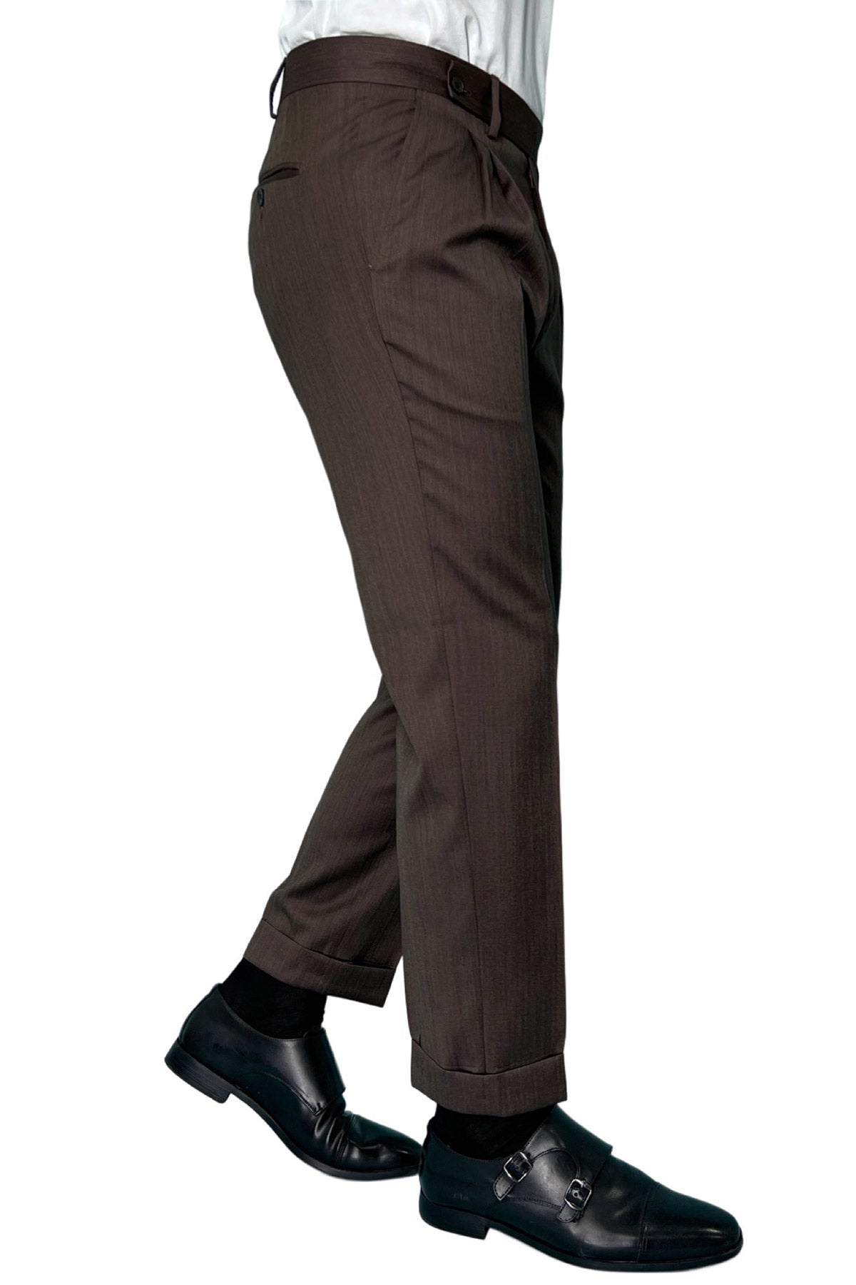 Pantalone uomo Marrone chiusura prolungata doppia pinces in fresco lana e seta Solaro Vitale Barberis Canonico