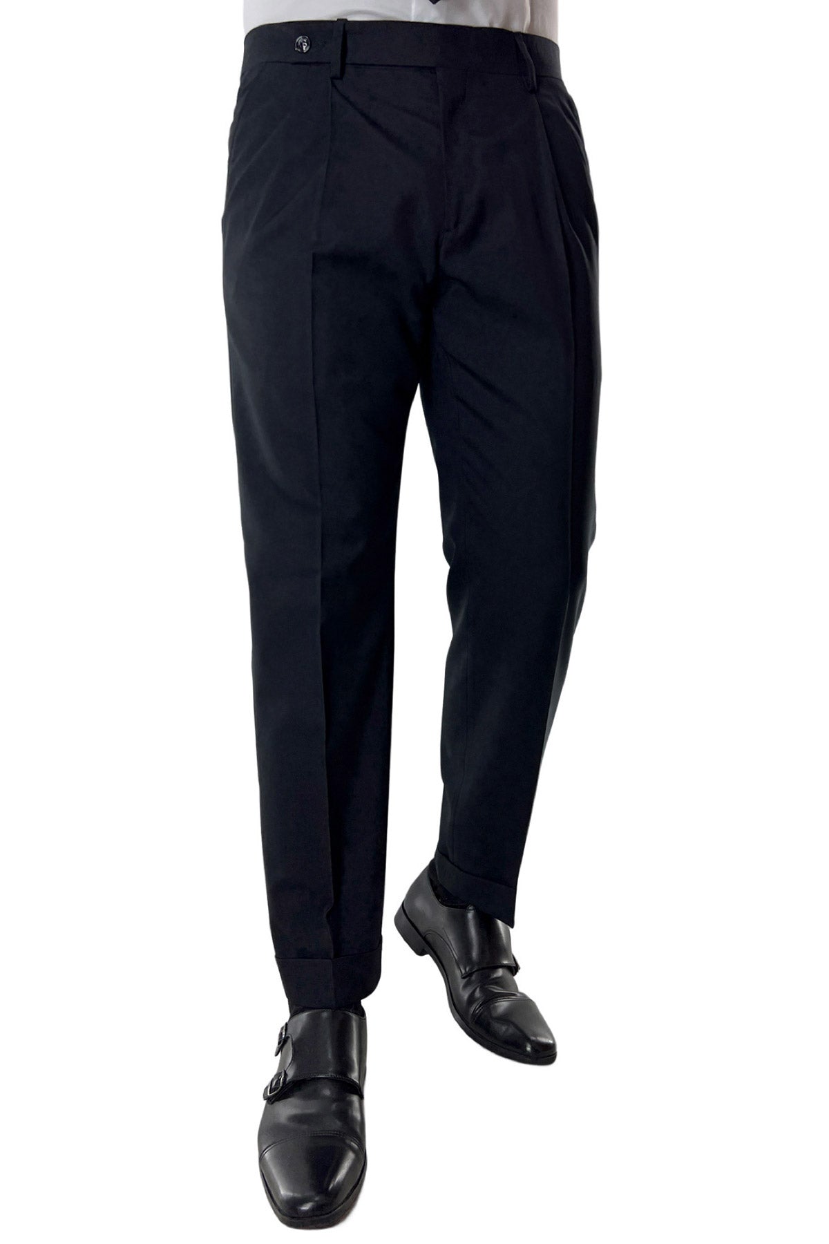 Pantalone uomo nero chiusura prolungata doppia pinces in fresco lana super 130's Vitale Barberis Canonico