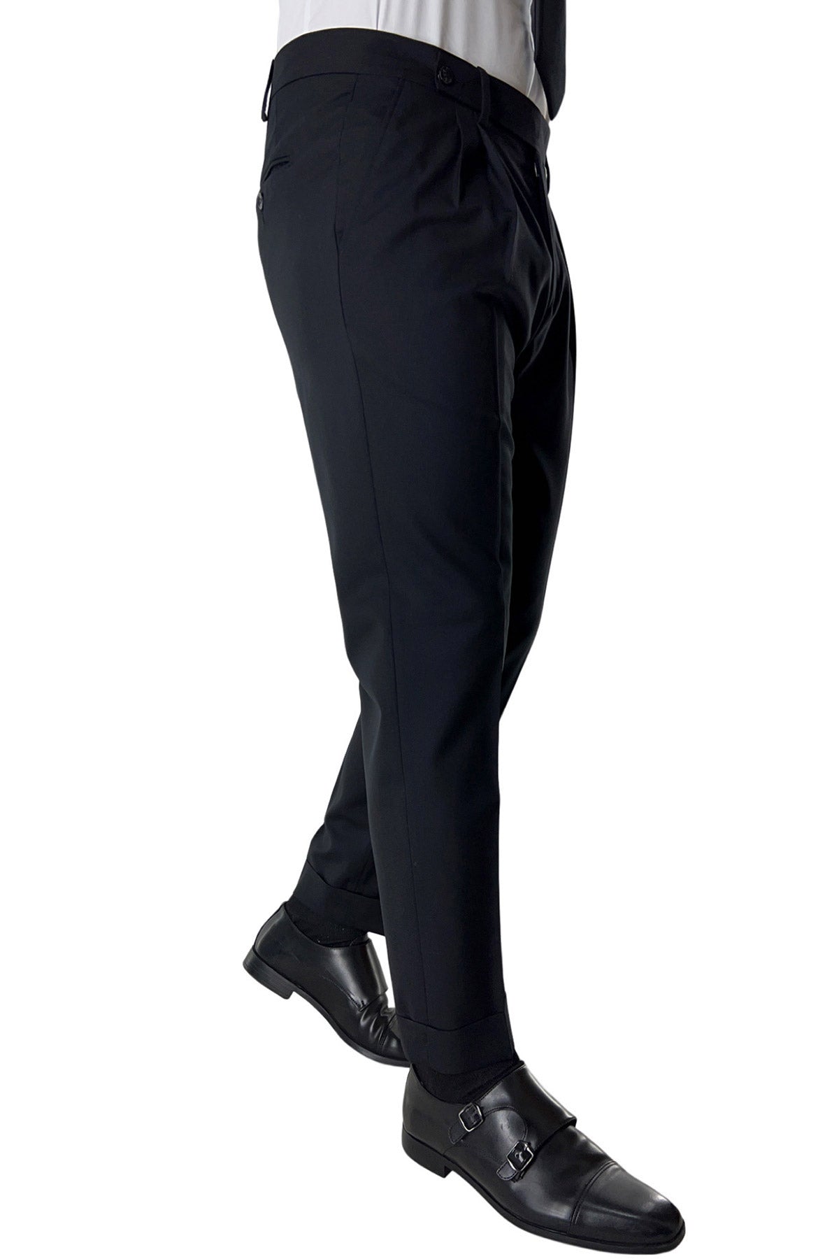 Pantalone uomo nero chiusura prolungata doppia pinces in fresco lana super 130's Vitale Barberis Canonico