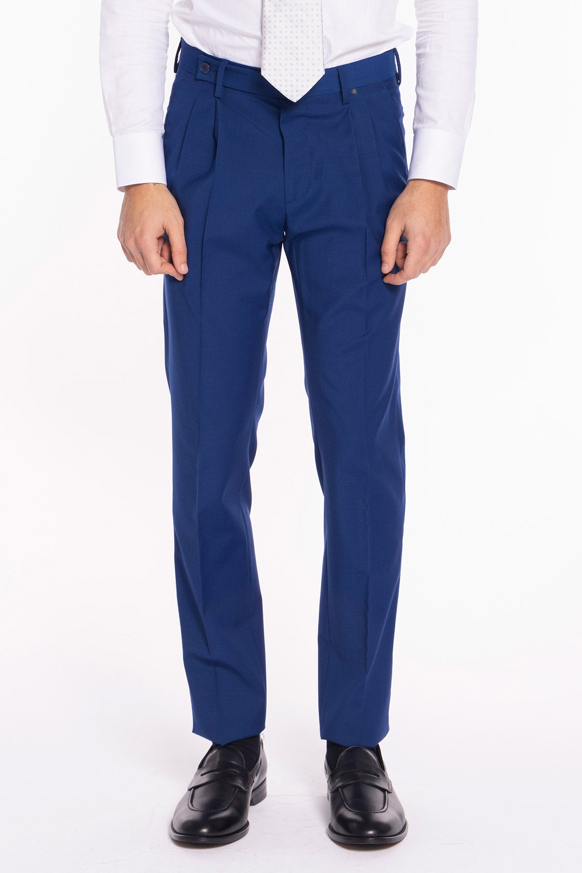 Pantalone uomo royal blu chiusura prolungata doppia pinces in fresco lana misto